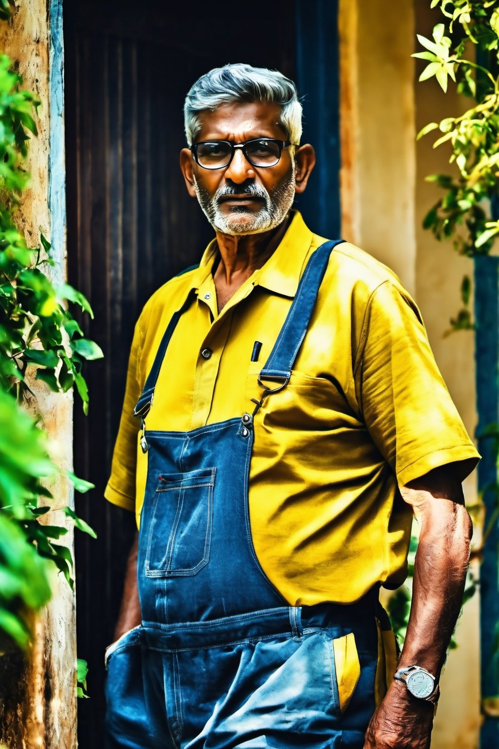 ((masterpiece, best quality)), absurdres, (Photorealistic 1.2), sharp focus, highly detailed, top quality, Ultra-High Resolution, HDR, 8K, epiC35mm, film grain, moody photography, (color saturation:-0.4), lifestyle photography,

(((full body picture))), ugly old Sri Lankan man, 65 years old, short grey hair, (((skinny body))), white overalls, yellow polo shirt, standing at the entrance of a house,(Jacqueline Fernandez:0.1)