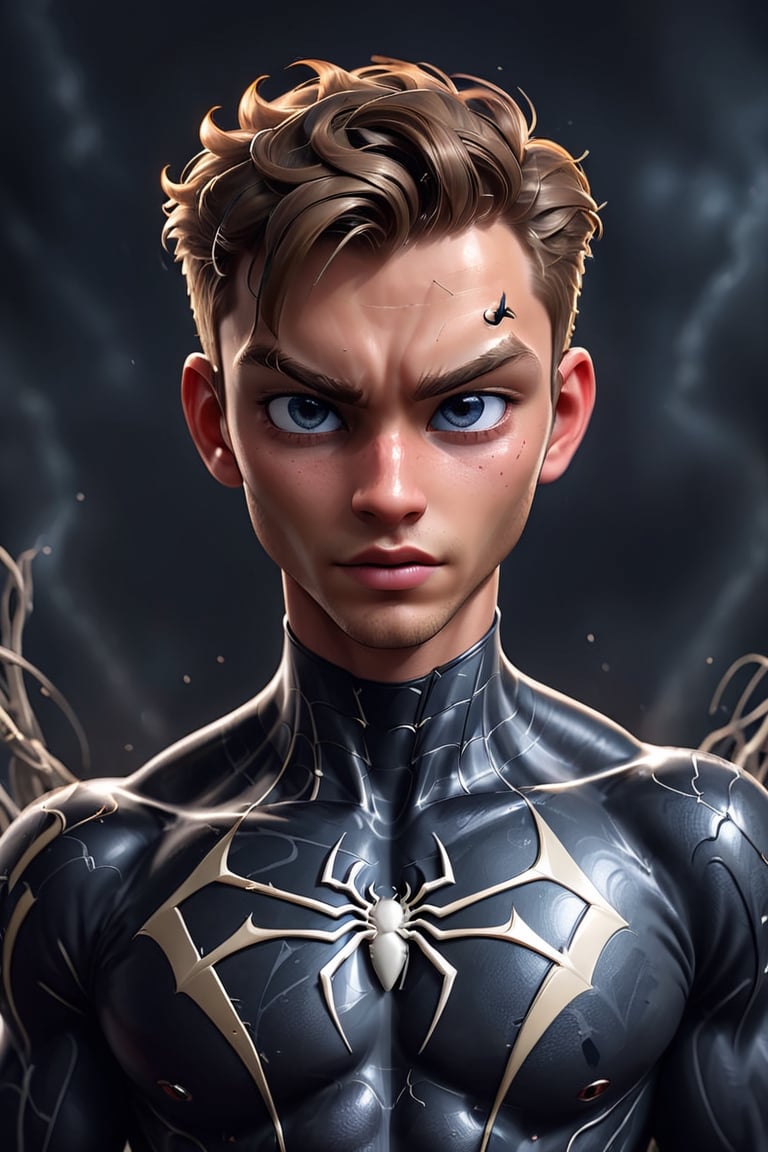 ((masterpiece, best quality)), absurdres, (Photorealistic 1.2), sharp focus, highly detailed, top quality, Ultra-High Resolution, HDR, 8K, upper body shot,epiC35mm, film grain, 

photo of handsome young American man, 18 years old, (((venom Eddie Brock (Ed Hardy:1.2) from "Spiderman"))),

(((wearing black Venom suit))),

(freckles:0.0), muscular athletic body, (((multiple spider web tattoos on the neck))), pale skin, short hair, detailed eyes, serious face, handsome face,