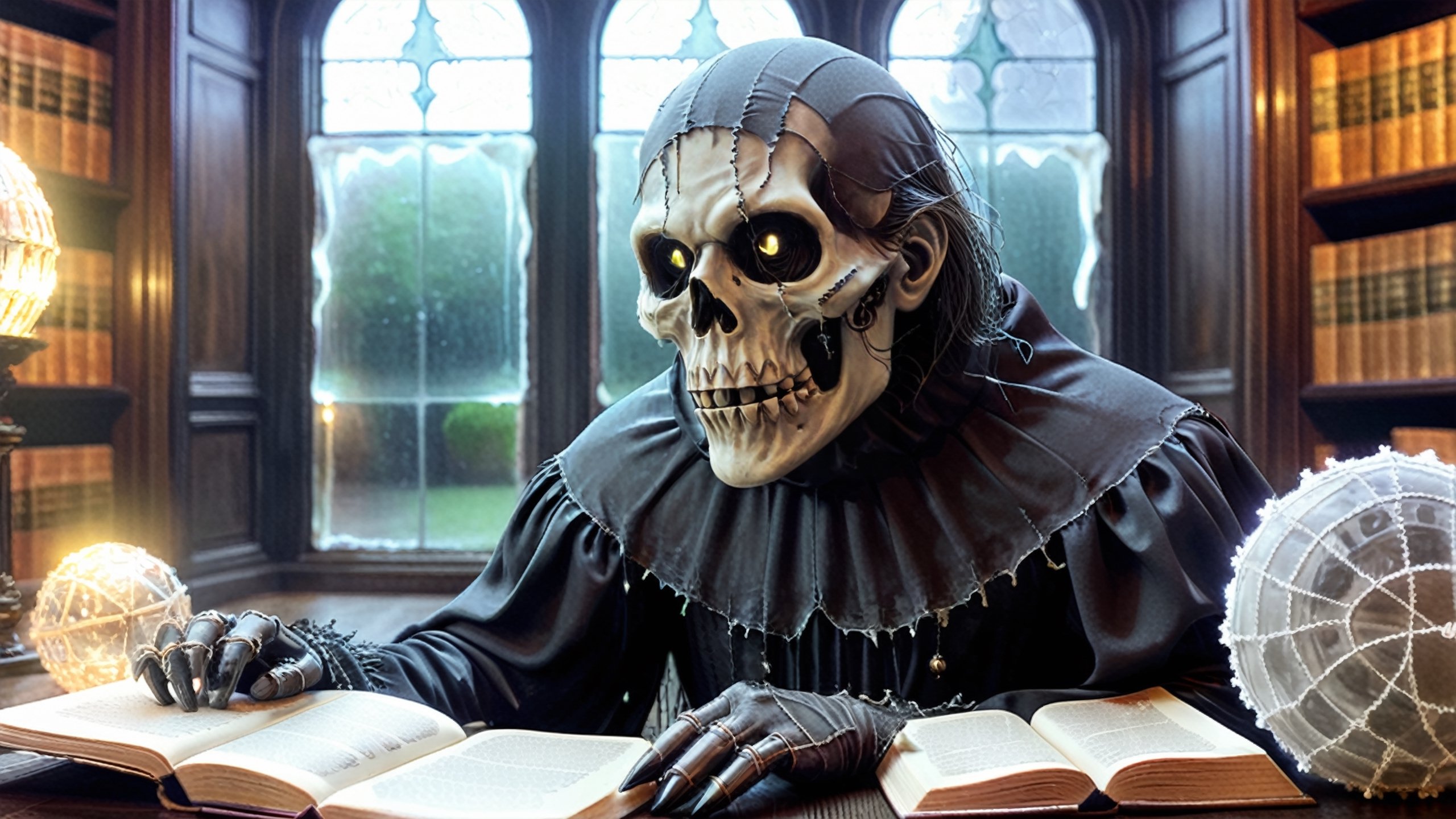 (masterpiece a Ghoul studying a crystall ball: 1.9)), necrophagous outfit: 1.2), (bandages: 1.5)), (best quality, ultra detailed, digital art: 1.37), [[Halloween Atmosphere: 1.9)), (Victorian Library background:1.5)]] masterpiece, high quality, cartoon,  high definition, super detailed, (Natural Light,, High contrast, defined blacks, silk, HDR.,monster