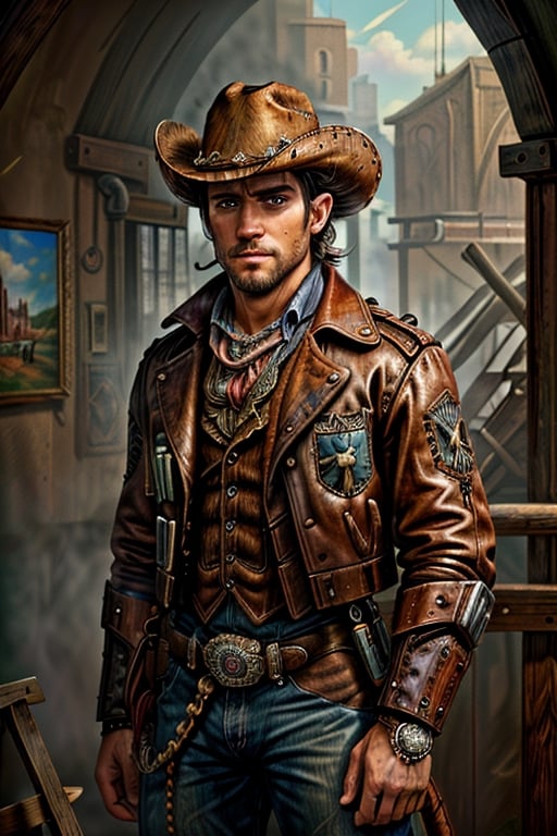 ((8k, RAW photo, best quality, masterpiece: 1.2)), ultra detailed, official art, (photorealistic: 1.3), upper body photo, (Cowboy: 1.9))), (Color full: 1.5)), film grain, pose, oil painting style, Detailedface, Detailedeyes,steampunk