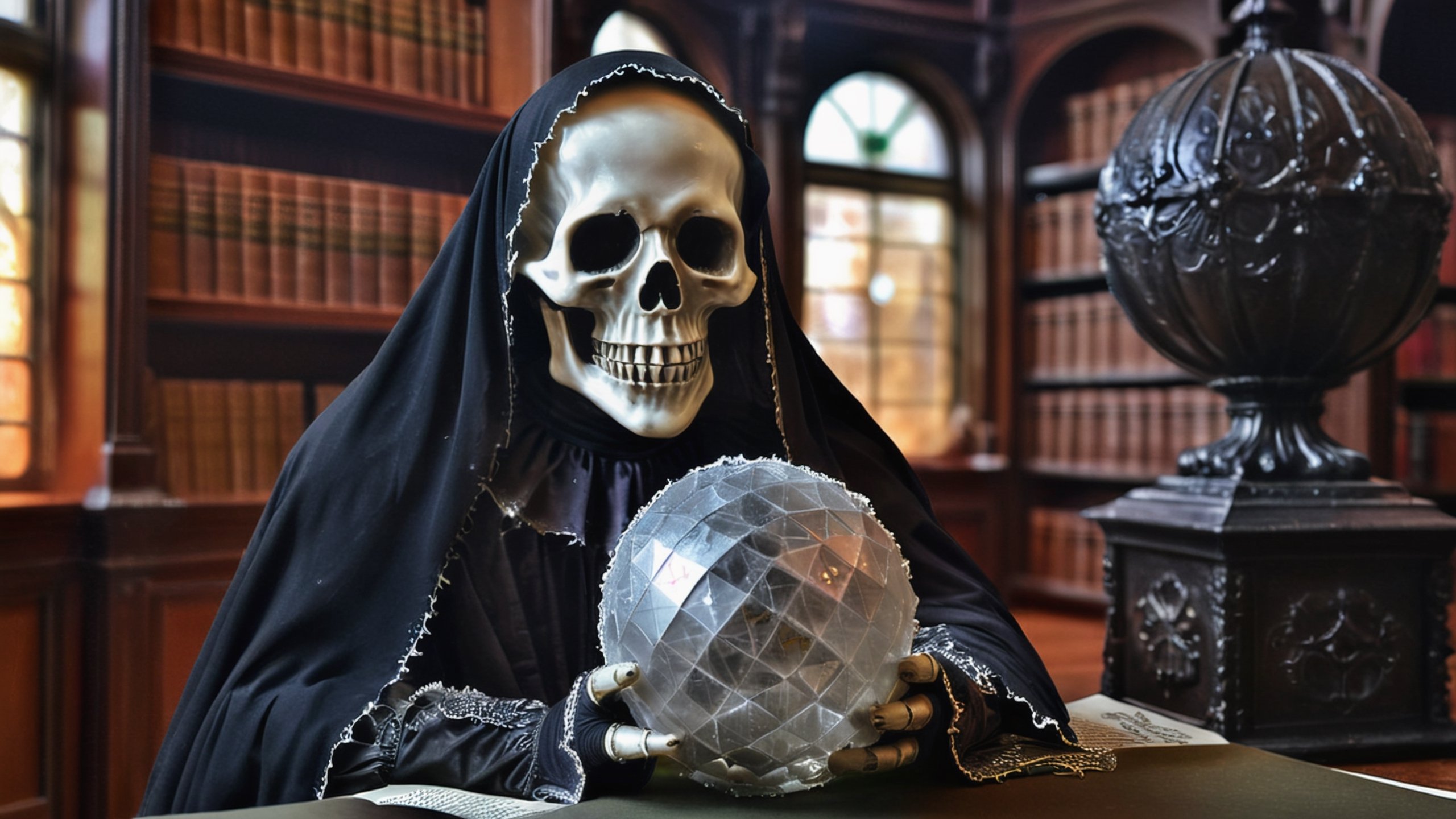 (masterpiece a Ghoul studying a crystall ball: 1.9)), necrophagous outfit: 1.2), (bandages: 1.5)), (best quality, ultra detailed, digital art: 1.37), [[Halloween Atmosphere: 1.9)), (Victorian Library background:1.5)]] masterpiece, high quality, cartoon,  high definition, super detailed, (Natural Light,, High contrast, defined blacks, silk, HDR.,monster