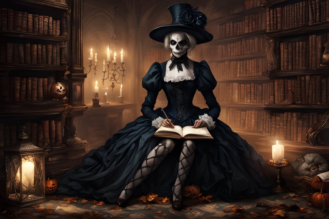 (masterpiece a Ghoul studying a crystall ball: 1.9)), necrophagous outfit: 1.2), (bandages: 1.5)), (best quality, ultra detailed, digital art: 1.37), [[Halloween Atmosphere: 1.9)), (Victorian Library background:1.5)]] masterpiece, high quality, cartoon,  high definition, super detailed, (Natural Light,, High contrast, defined blacks, silk, HDR