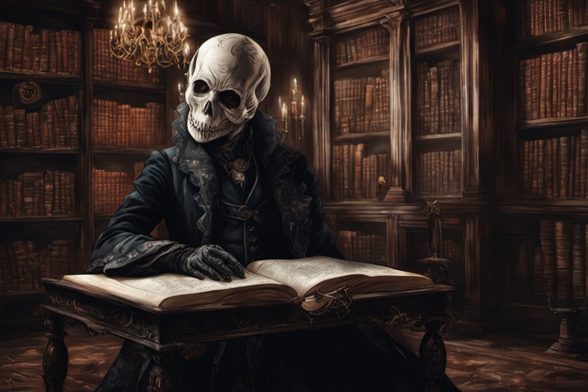 (masterpiece a Ghoul studying a crystall ball: 1.9)), necrophagous outfit: 1.2), (bandages: 1.5)), (best quality, ultra detailed, digital art: 1.37), [[Halloween Atmosphere: 1.9)), (Victorian Library background:1.5)]] masterpiece, high quality, cartoon,  high definition, super detailed, (Natural Light,, High contrast, defined blacks, silk, HDR