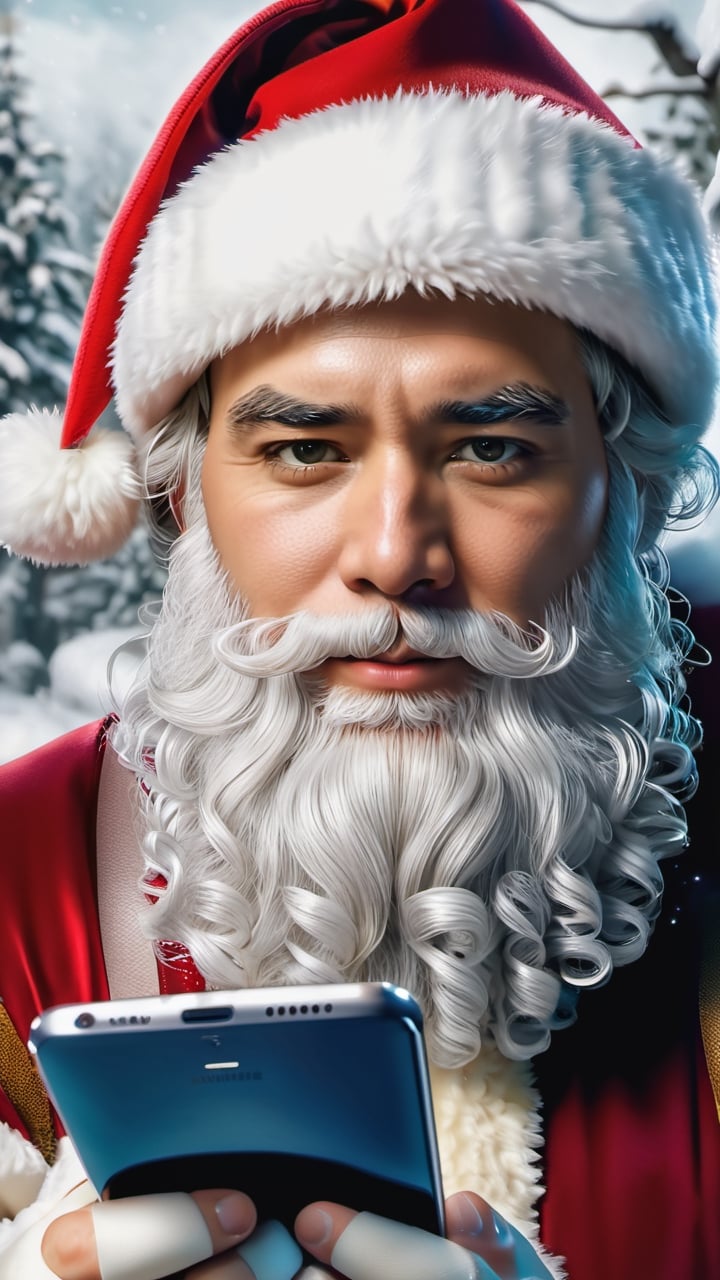 ((masterpiece: 1.2),(best quality, ultra detailed, photorealistic: 1.37) high quality, high definition, super detailed, unreal engine, Ultra realistic photography, 3d, 8k, cinematic lighting, volumetric lights, hyper-realistic photography captured with the best camera, HDR, silk, volume, Man in Santa Claus hat and white beard, holding a Samsung galaxy Note 20