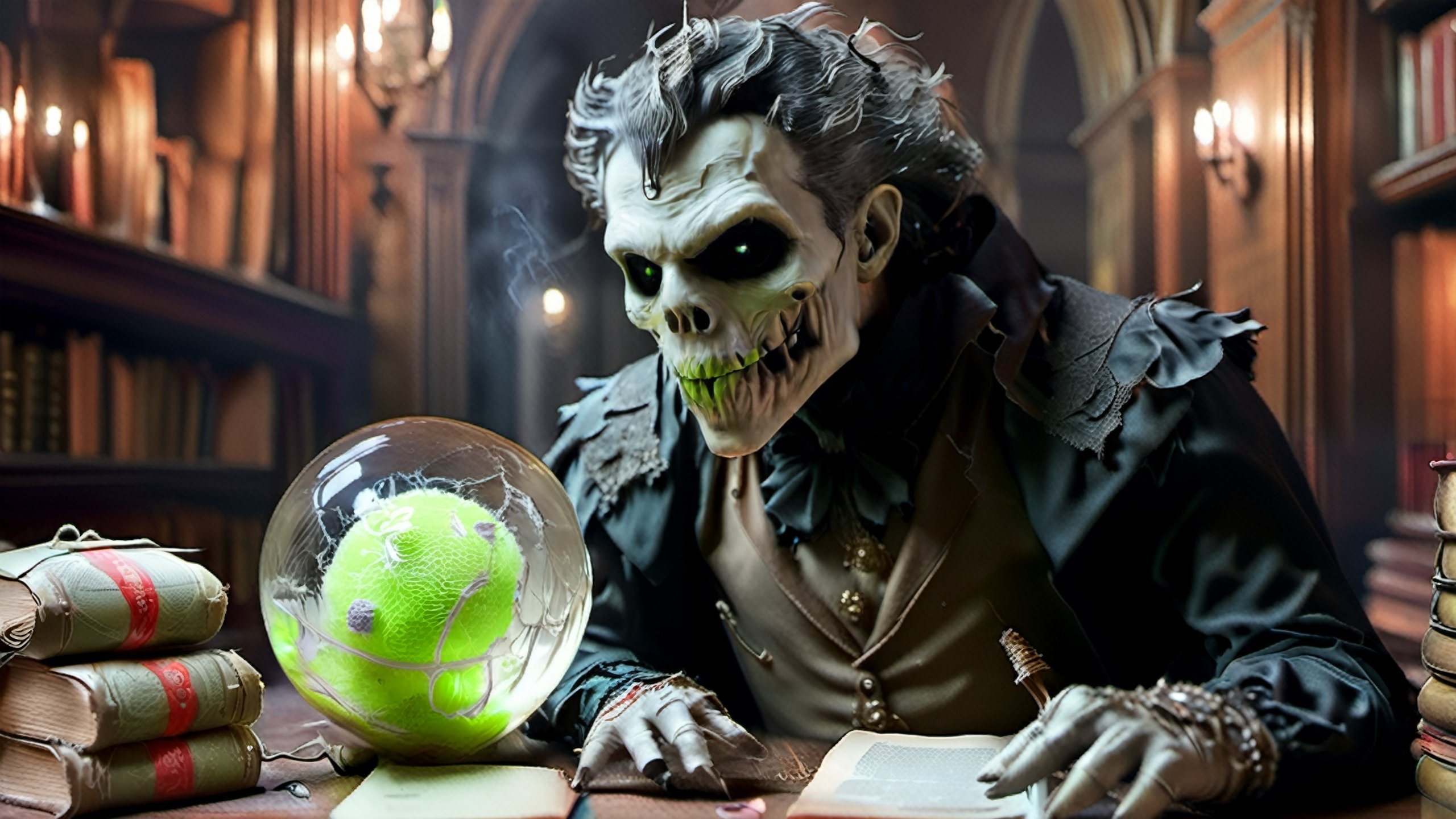(masterpiece a Ghoul studying a crystall ball: 1.9)), necrophagous outfit: 1.2), (bandages: 1.5)), (best quality, ultra detailed, digital art: 1.37), [[Halloween Atmosphere: 1.9)), (Victorian Library background:1.5)]] masterpiece, high quality, cartoon,  high definition, super detailed, (Natural Light,, High contrast, defined blacks, silk, HDR.,monster