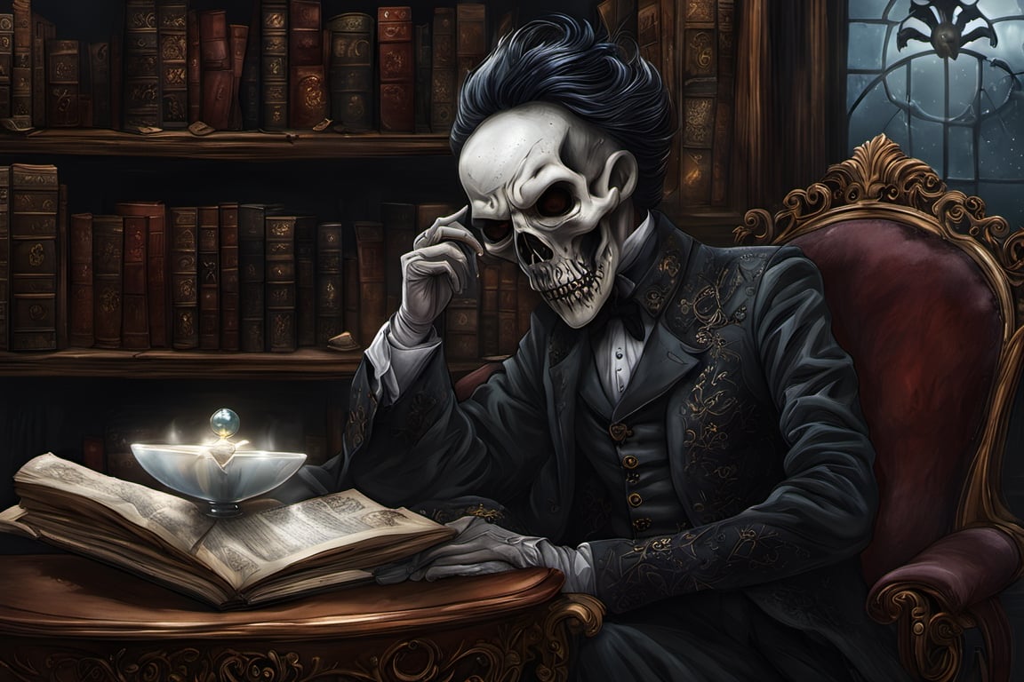 (masterpiece a Ghoul studying a crystall ball: 1.9)), necrophagous outfit: 1.2), (bandages: 1.5)), (best quality, ultra detailed, digital art: 1.37), [[Halloween Atmosphere: 1.9)), (Victorian Library background:1.5)]] masterpiece, high quality, cartoon,  high definition, super detailed, (Natural Light,, High contrast, defined blacks, silk, HDR