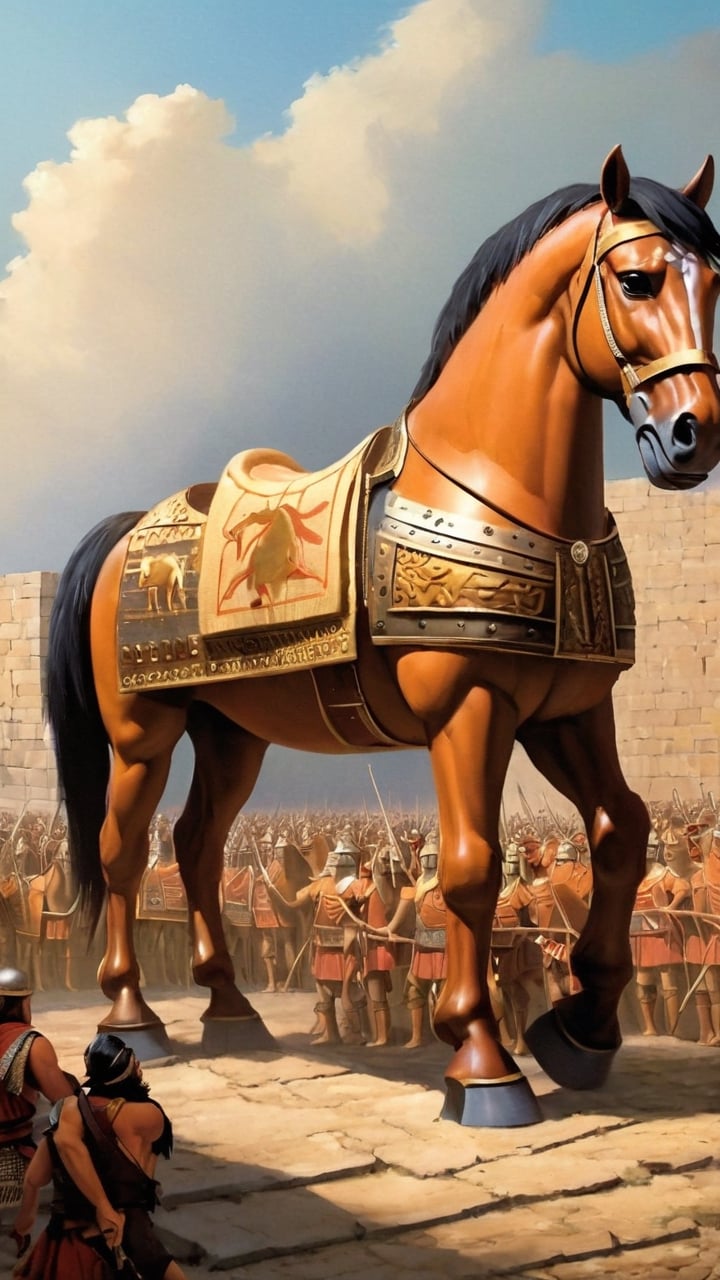 Iliad style, wide plan, Troy, (((Trojan Horse taller than the walls: 2))), monumental, (((Gigantic troll horse made of wood: 2))), (((inside the walls of Troy: 2))), dragged by thousands of (((Spartan soldiers: 1.8))), ((on platform with wheels: 1.5))).

