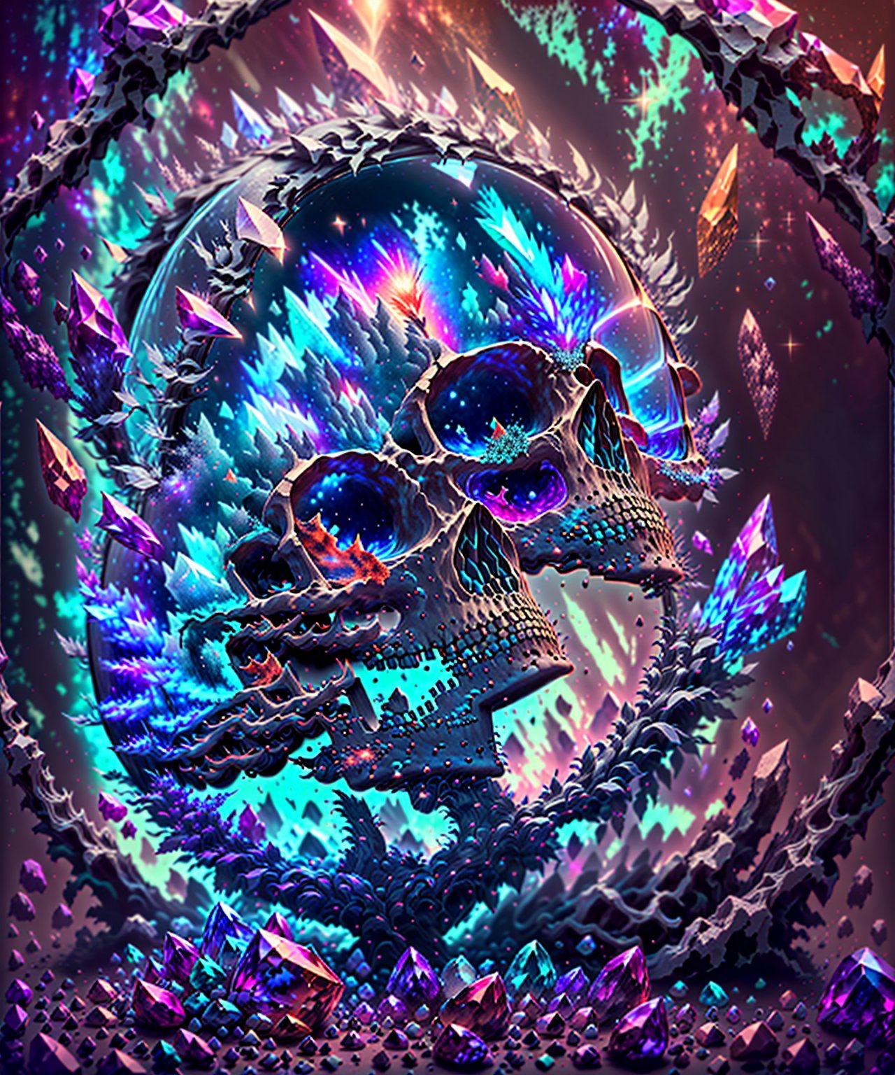 um close up de um cristal com uma luz roxa dentro dele, a macro photograph by Adam Marczyński, Unsplash, Vanitas, cinzas cristal, crystal skull, cristal brilhante em uma rocha, Shiny Quartz Crystal Skull, nebula with the shape of a skull, parcialmente sanguinolento cristalizado, sacred skull, cristais bonitos, feito de sinapse cristalizada, Neon