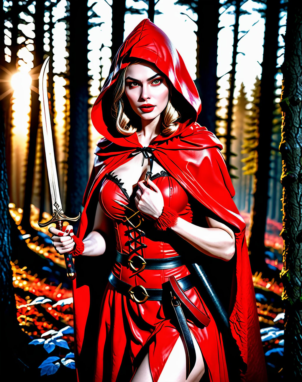 extremely beautiful red riding hood, subtle makeup, golden hour, photorealistic, high contrast, 8k HD, detailed, hyper-detailed, realistic skin texture, covered with red hood, big breast, best quality, ultra high res, raw photo, dramatic lighting, unreal engine, diffuse glow, intricate red hood, outdoor, realistic detailed dark forest, holding dagger,