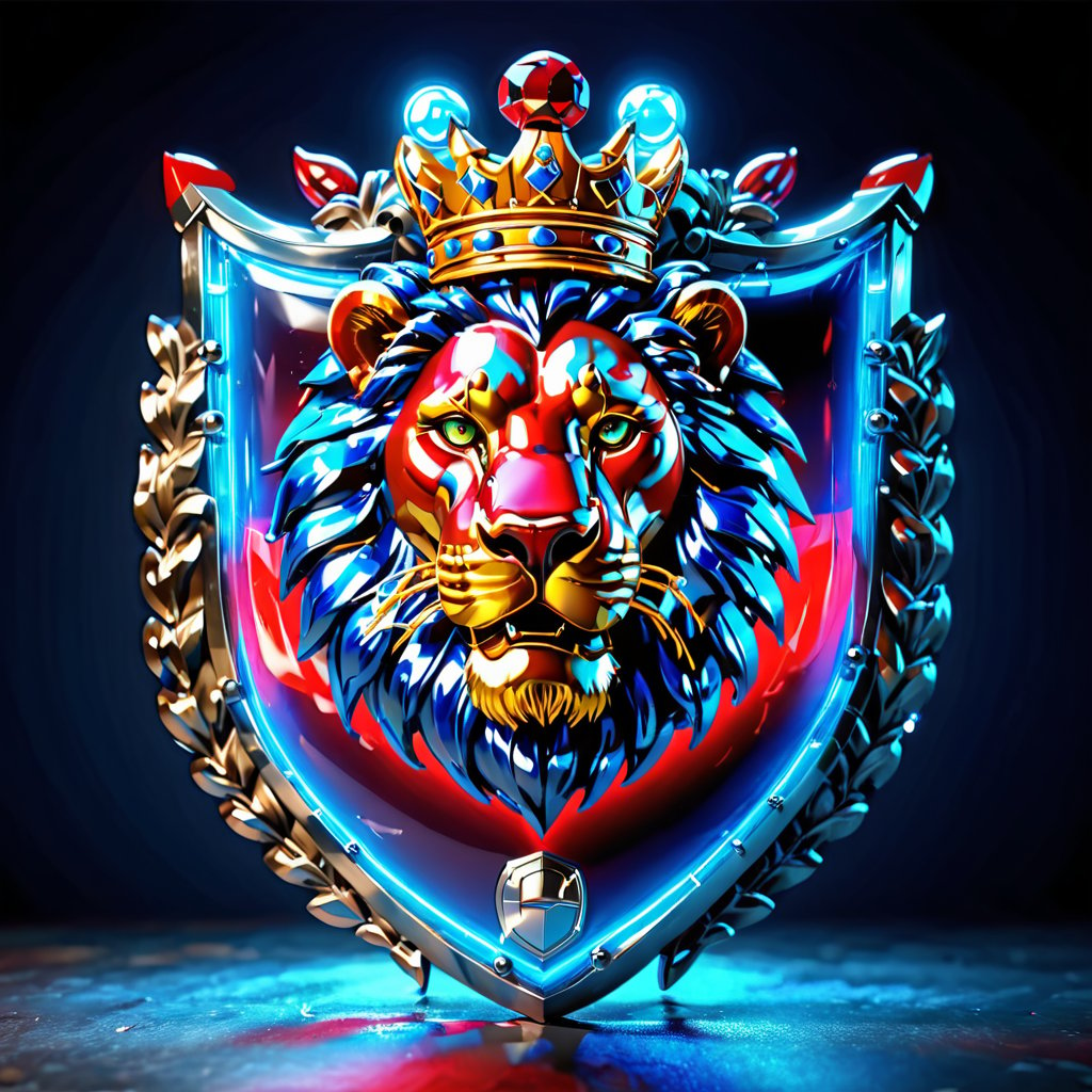 high detail, high quality, 8K Ultra HD, high quality, 8K Ultra HD, ln Family crest style, A neon mad lion on the shield in neon colors red and blue, glass shiny style