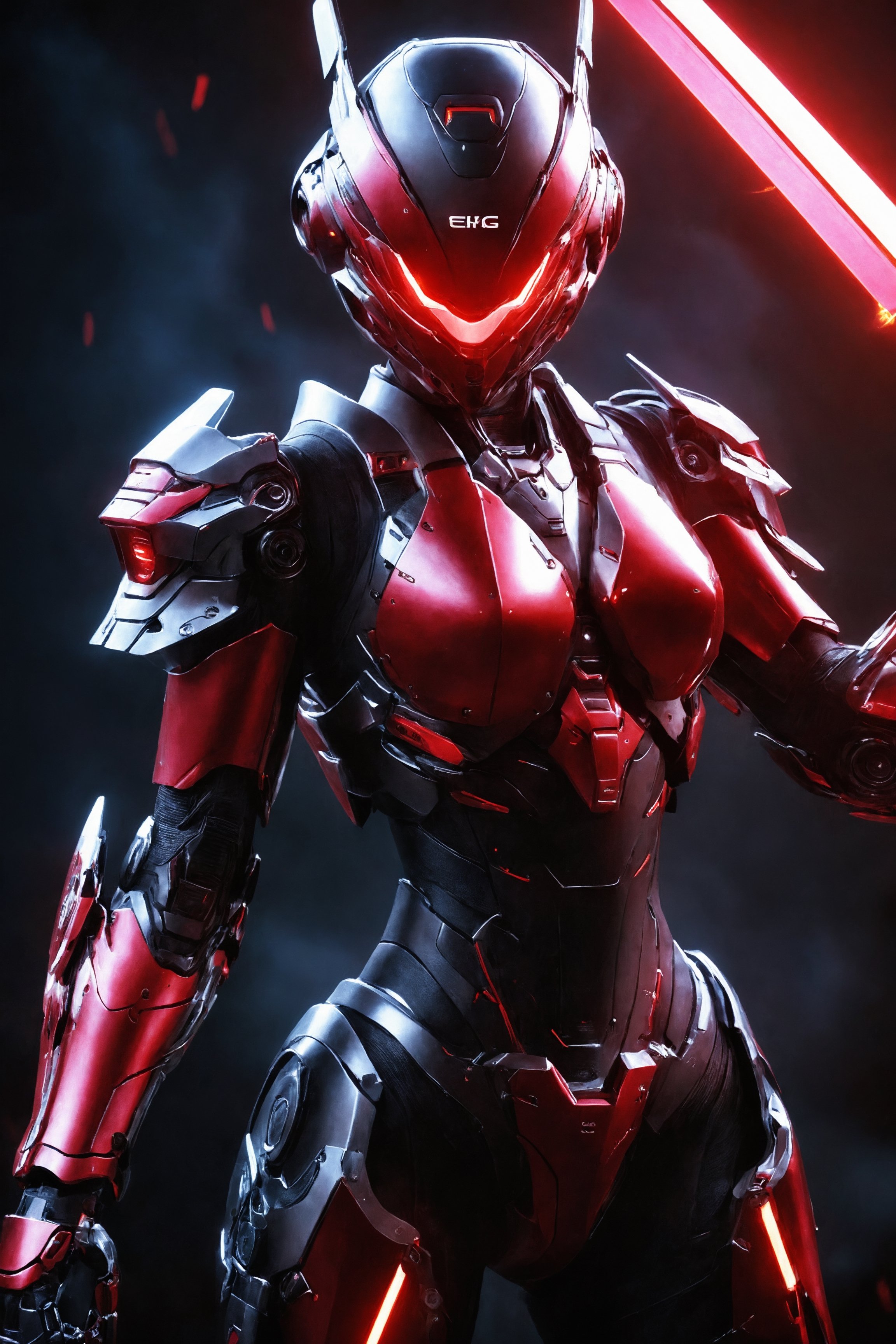 (ultra realistic,best quality),photorealistic,Extremely Realistic, in depth, cinematic light,mecha\(hubggirl)\,

a female robot soldier, holding two glowing red swords with both hands, dynamic poses, dark background,

particle effects, perfect hands, perfect lighting, vibrant colors, 
intricate details, high detailed skin, 
intricate background, realism, realistic, raw, analog, taken by Canon EOS,SIGMA Art Lens 35mm F1.4,ISO 200 Shutter Speed 2000,Vivid picture,