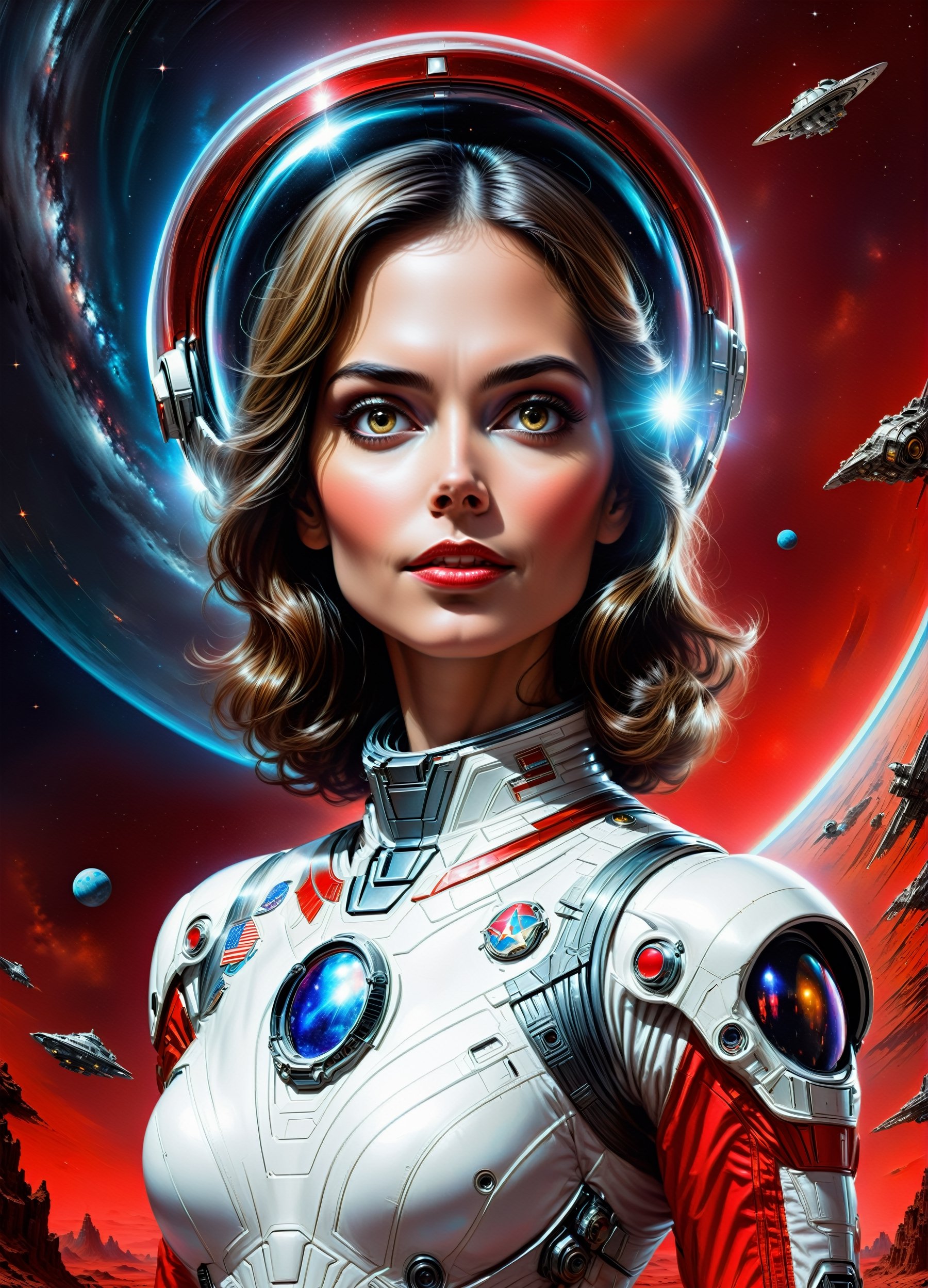 image of a white woman in a futuristic suit with a spaceship in the background, movie art, in front of an red and silver background, inspired by Robert McGinnis, female protagonist, megastructure in the background, portrait of an ai astronaut, astronauts, an astronaut, portrait of a astronaut skeletor, perfect android girl, detailed eyes, perfectly detailed teeth, frank franzzeta and sakimichan
