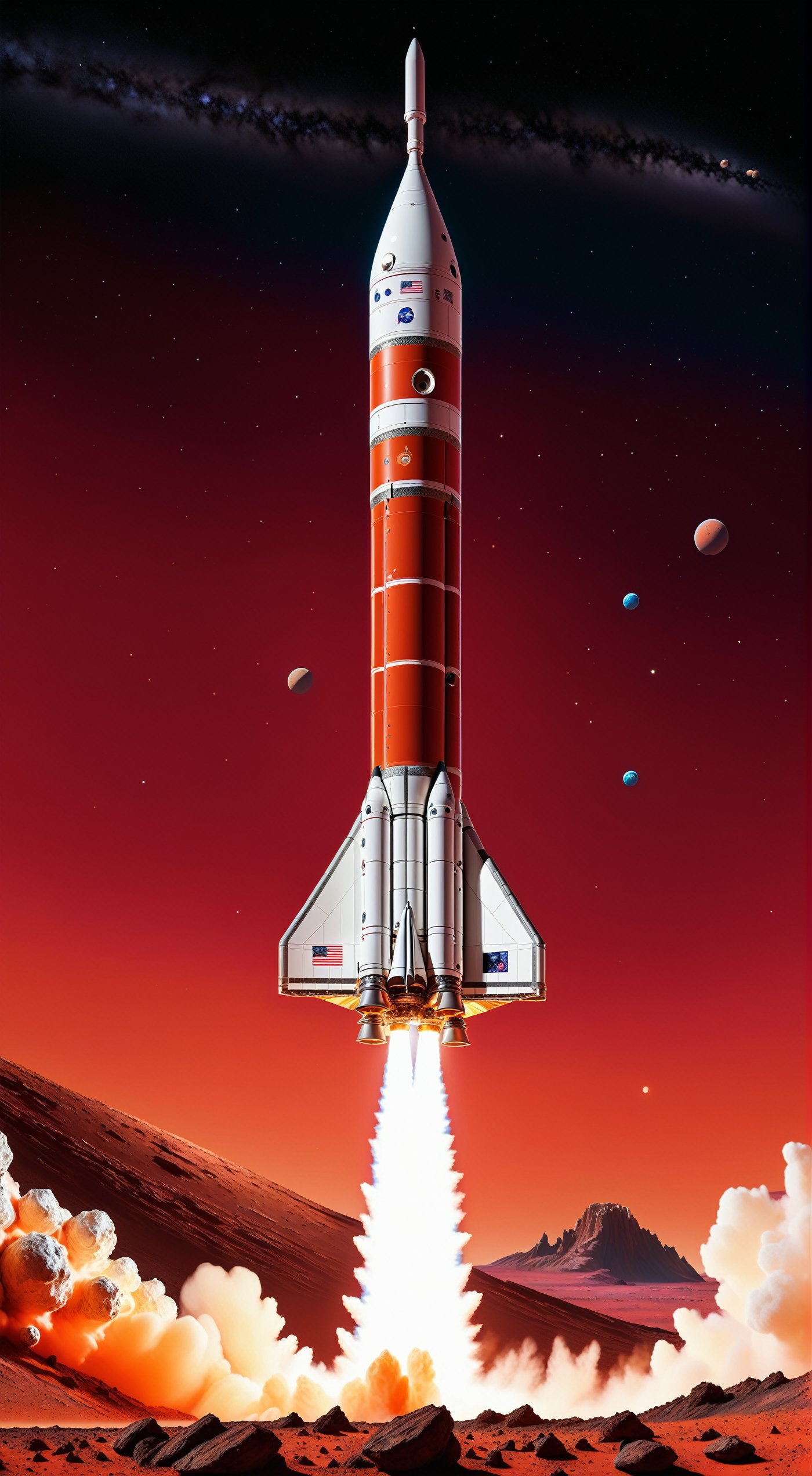 impactful color paint of a rocket is launching from Earth on a mission to explore Mars. Show the rocket against the backdrop of a red Martian sky, with the planet's surface and rocky terrain below, ........... highly detailed, vibrant colors , 8k, sharp, professional, clear, high contrast, high saturated, , vivid deep blacks, crystal clear