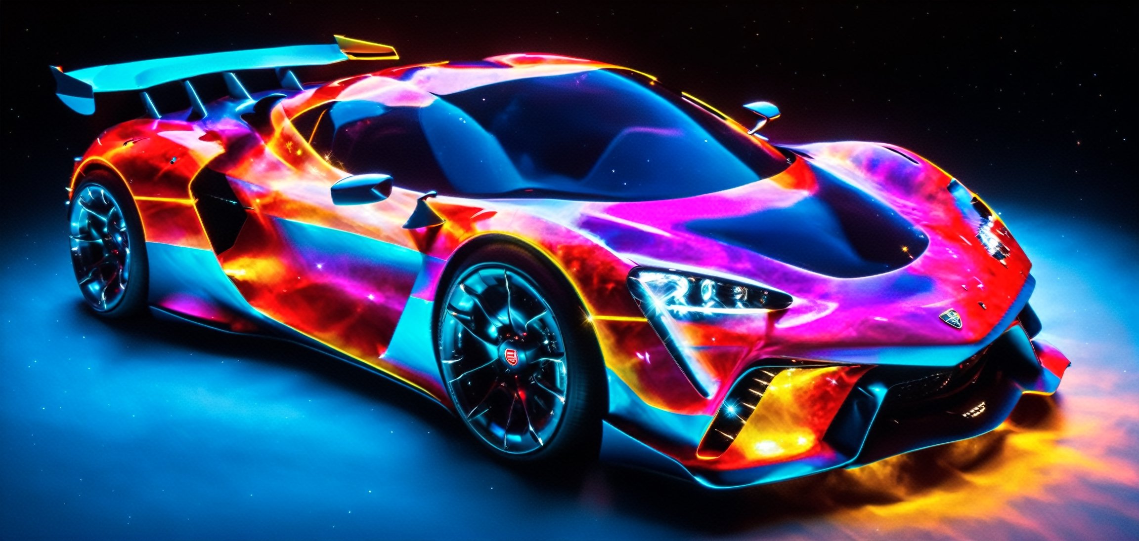ultra-detailed, 8K), Futuristic hyper-car/supercar, dreamlikeart, galaxy, outer space, nebula, star, [cyberpunked] race car with race livery wide body kit,( neon glowing ring in tiers), street racing-inspired, Drifting inspired, LED, ((Twin headlights)), (((Bright neon color racing stripes))), (Black racing wheels), Wheel spin showing motion, Show car in motion, Burnout, wide body kit, modified car, racing livery, realistic, ultra highres, (full dual colour neon lights:1.2), (hard dual color lighting:1.4), (detailed background), (ultra detailed), intricate, comprehensive cinematic, magical photography, (gradients), glossy, Night with galaxy sky, Fast action style, fire out of tail pipes, Sideways drifting in to a turn, Neon galaxy metalic paint with race stripes, GTR Nismo, NSX, Porsche, Lamborghini, Ferrari, Bugatti, Ariel Atom, BMW, Audi, Mazda, Toyota supra, Lamborghini Aventador, aesthetic, intricate, realistic, Neon Paint, streaks of fire, (((depth of field))), cinematic lighting, cinematic lighting, speed lines, (masterpiece), best quality, masterpiece, best quality, (masterpiece:1.2), (best quality)
,neon style,dc100,DonMH010D15pl4yXL 