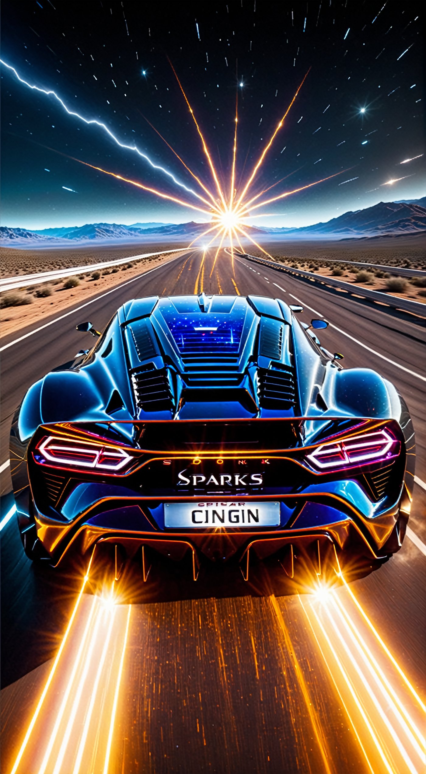 a sci-fi sportscar passing by, light speed, flash, motion trail, a shining star(sun) in the background, motion blur, epic visual effects, interstellar, flow, detailed, scifi, star blast, dark vibrant colors, cosmic art, stars in background, cinematic scene, lens flare, god rays, glow, art of Doug Chiang and John Park glowneon, glowing, sparks, lightning, ultra detailed dramatic lighting  ,highly detailed, vibrant colors , 8k, sharp, professional, clear, high contrast, high saturated, , vivid deep blacks, crystal clear,c_car,H effect