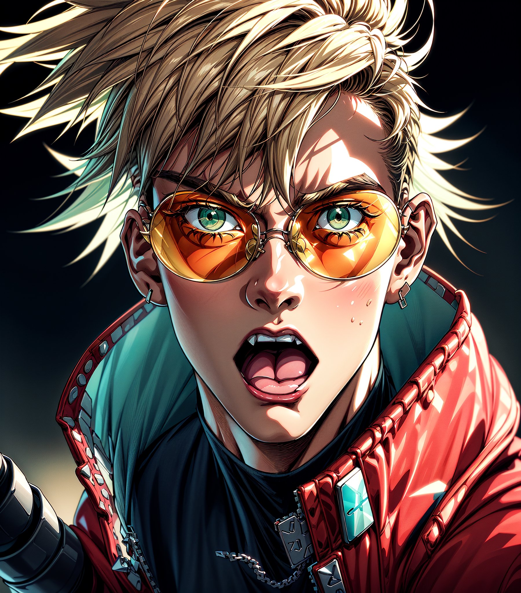 solo, Vash the Stampede is the protagonist of Trigun is  looking at viewer, short hair, blonde hair, 1boy, bright red  jacket, male focus, orange eyes, round frame sunglasses, spiked hair, portrait, red tinted eyewear, crazy eyes, glowing eyes, angry, close-up, anime style, cinematic lighting, masterpiece, award winning, high details, highres, 4K, 8k,vash the stampede