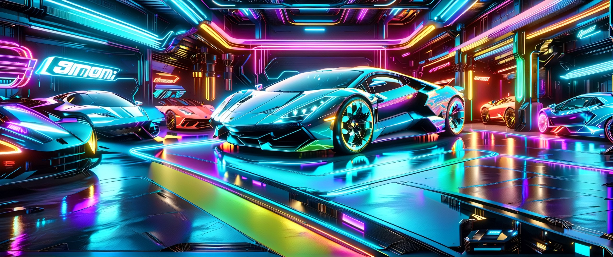 A holographic display of a side view of  a brightly lit sports car in a neon garage with neon signs, neon digital art, neon lit, neon art style, stylized neon, colorized neon lights, bold lamborghini style, glowing neon, neon lightning, futuristic neon, wallpaper 4k, wallpaper 4 k, glow of neon lights, neon volumetric lights, neon art, neon glowing, hyper colorful, neon outline