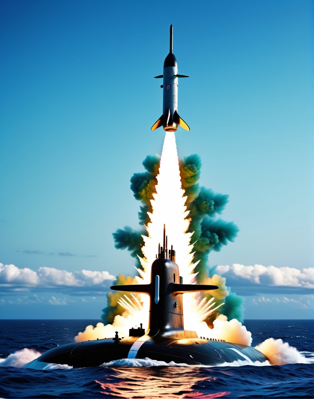 Nuclear missile being fired from a Submarine........... highly detailed, vibrant colors , 8k, sharp, professional, clear, high contrast, high saturated, , vivid deep blacks, crystal clear