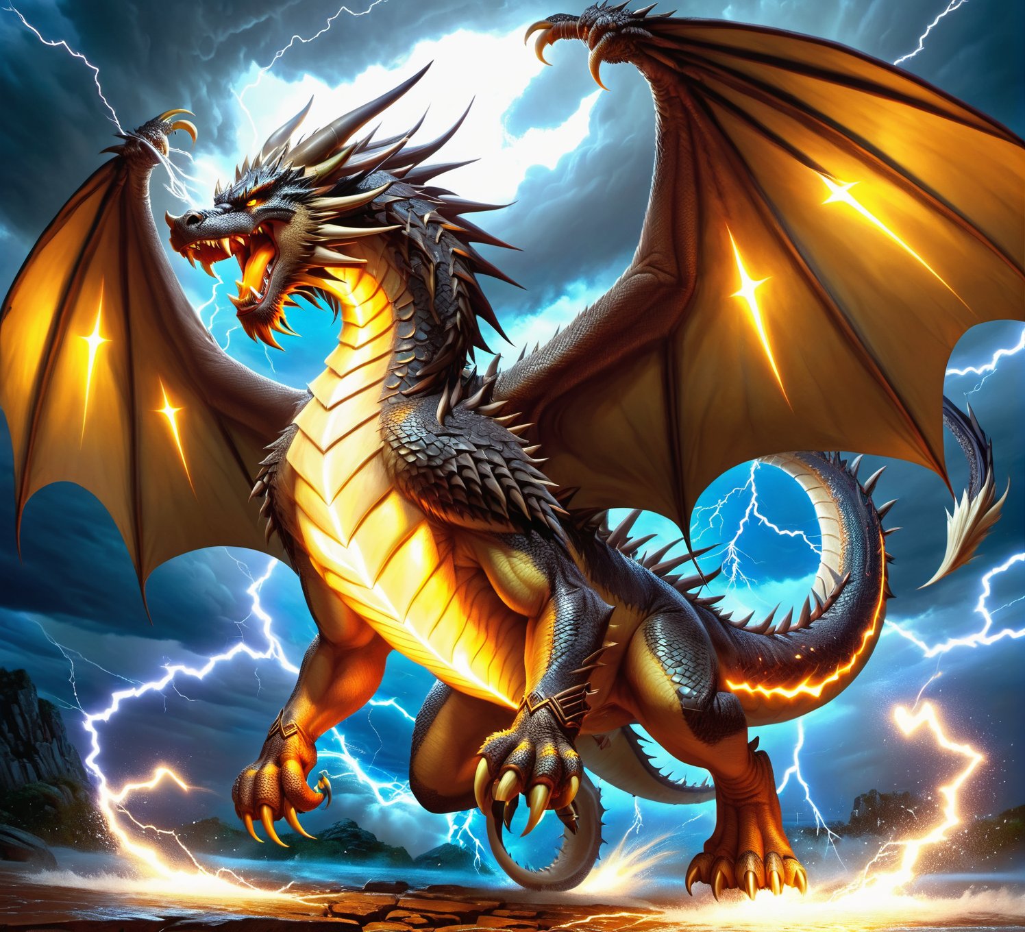 yellow lightning dragon,storm cloud,powerful storm,electricity,thunder,heavy rain,dark sky,roaring thunderbolts,strong wind,flashing light,bolts of lightning,ominous atmosphere,majestic creature,dark scales,sharp claws,fiery eyes,fierce expression,flying in the sky,spreading its wings,scaly texture,iridescent scales,twisted horns,serpentine body,glistening talons,spiky tail,gusts of wind,breathing fire,crackling energy,illuminating the darkness,dynamic movement,awe-inspiring presence,otherworldly creature,storm's fury,presiding over the storm,unleashing its power,unstoppable force,battle between nature's elements,breathtaking scene,mesmerizing spectacle,able to control the storm,majestic beauty,raw power,creating chaos with every movement,violent rumbles,unpredictable nature,symbol of strength and power,clash of nature's might,artistically rendered,high-res masterpiece,bold colors and contrasts,vivid and intense hues,dramatic lighting,creating a sense of awe and wonder.