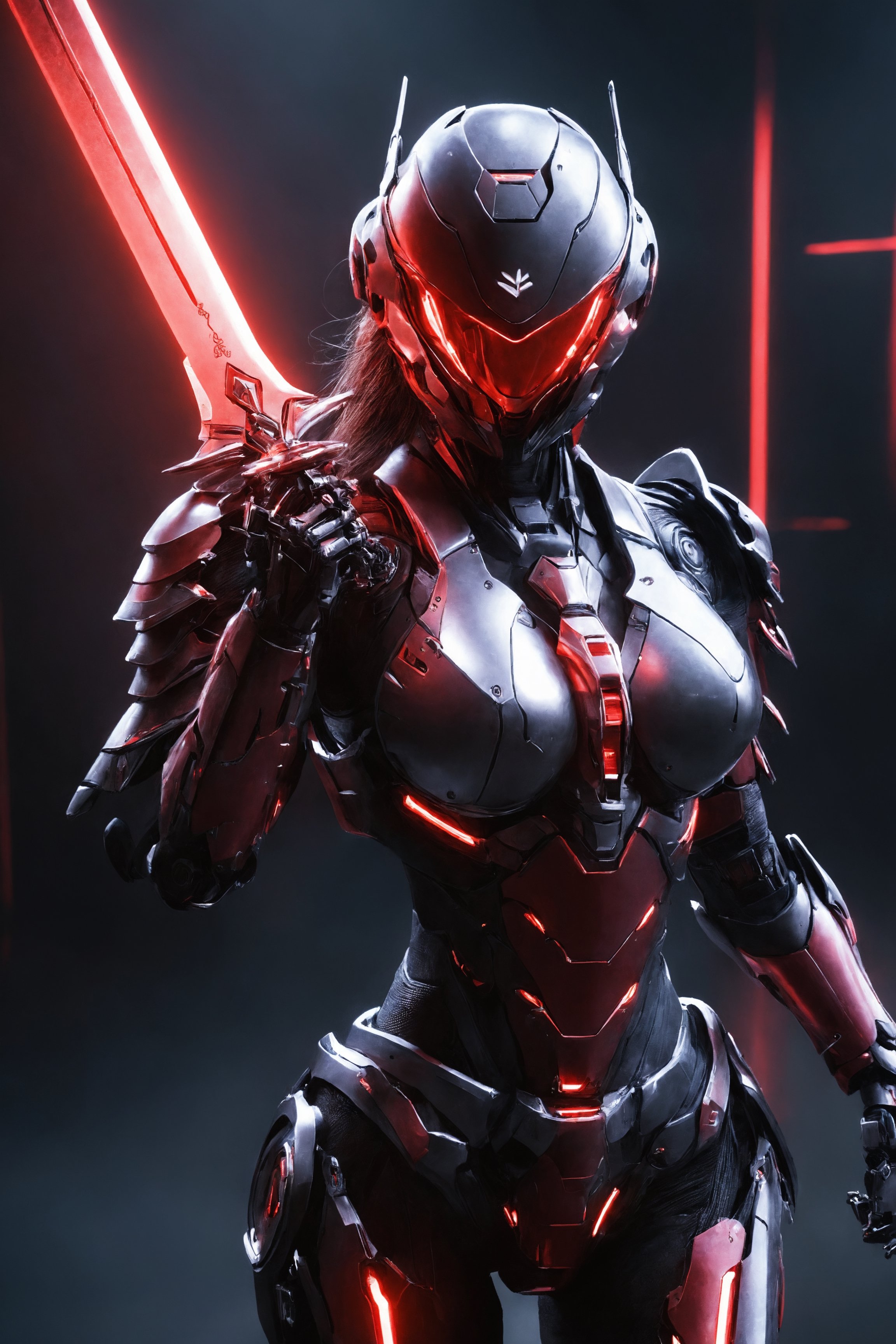 (ultra realistic,best quality),photorealistic,Extremely Realistic, in depth, cinematic light,mecha\(hubggirl)\,

a female robot soldier, holding two glowing red swords with both hands, dynamic poses, dark background,

particle effects, perfect hands, perfect lighting, vibrant colors, 
intricate details, high detailed skin, 
intricate background, realism, realistic, raw, analog, taken by Canon EOS,SIGMA Art Lens 35mm F1.4,ISO 200 Shutter Speed 2000,Vivid picture,