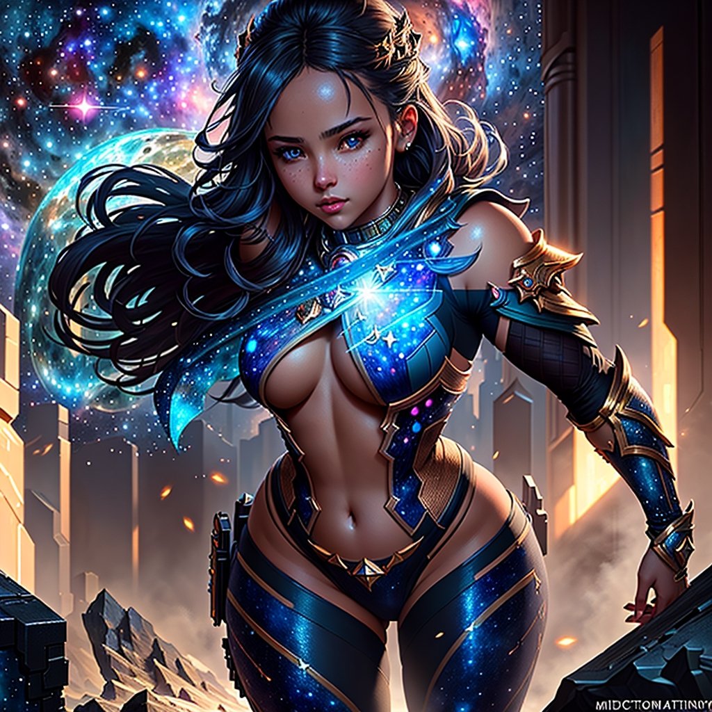 Highly detailed RAW color Photo, beautiful young girl, dynamic pose, (wide hips), (detailed skin), (detailed lips), (detailed eyes), (cosmic:1.4), (necropolis:1.1), (Sci-Fi setting) (detailed face), (curvy), detailed eyes, chromatic aberration, depth of field, soft lighting, masterpiece, best quality, intricaens flare:0.7), (bloom:0.7), particle effects, raytracing, tone mapped, highly detailed, concept art, smooth, sharp focus, dramatic lighting, highly detailed artwork, cinematic, hyper realistic painting, trending on Artstation, 8K, incredible shadows, realistic, (highly detailed background:1.2), art by midjourney