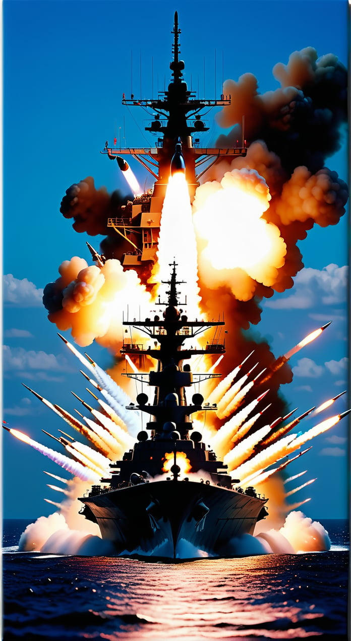 Nuclear missiles being fired from a battleship, ........... highly detailed, vibrant colors , 8k, sharp, professional, clear, high contrast, high saturated, , vivid deep blacks, crystal clear
