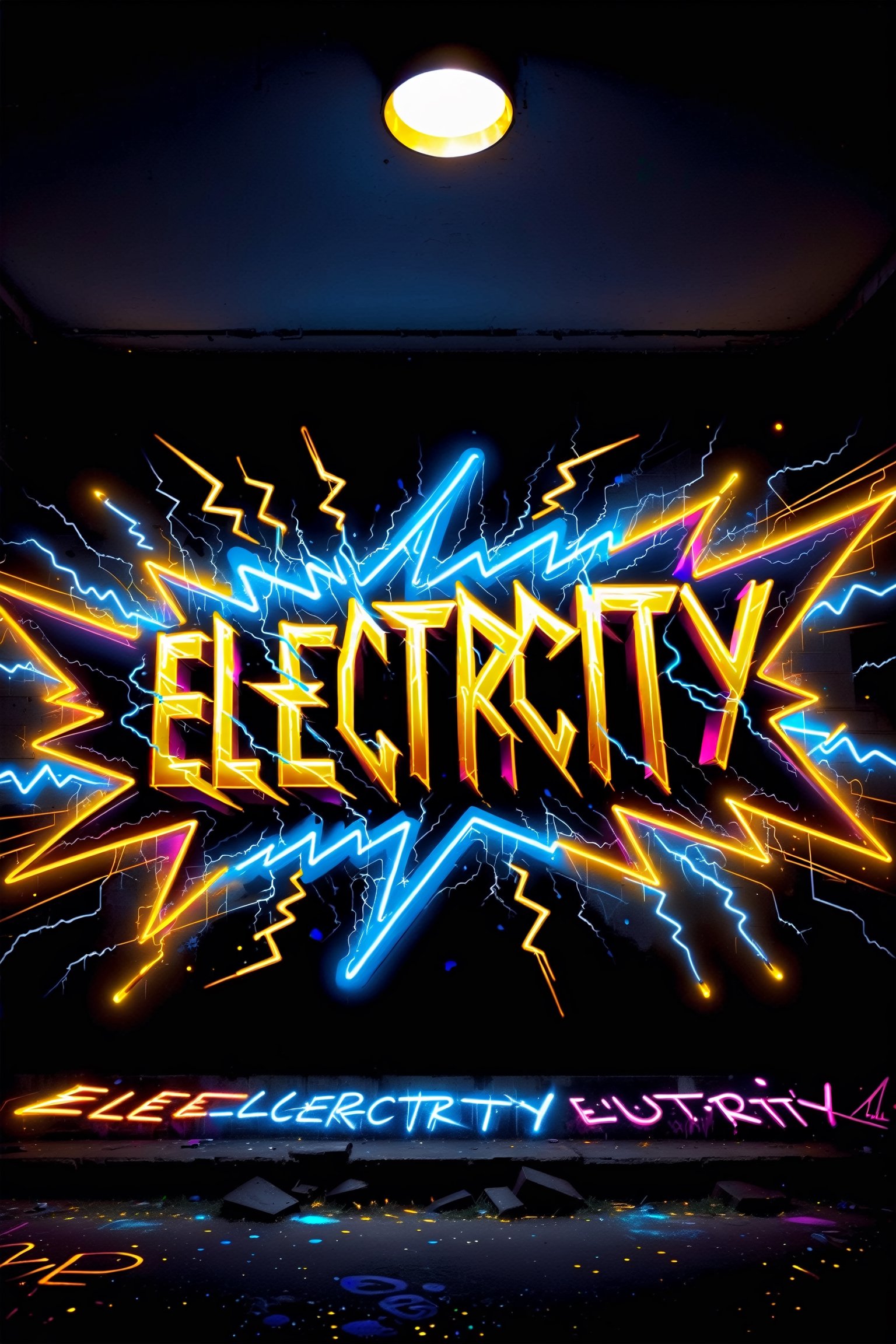 text saying "electricity",  graffiti neon street art electricity industries,  elements lightning gold light  neon vivid colors, SelectiveColorStyle,DonM3l3m3nt4lXL