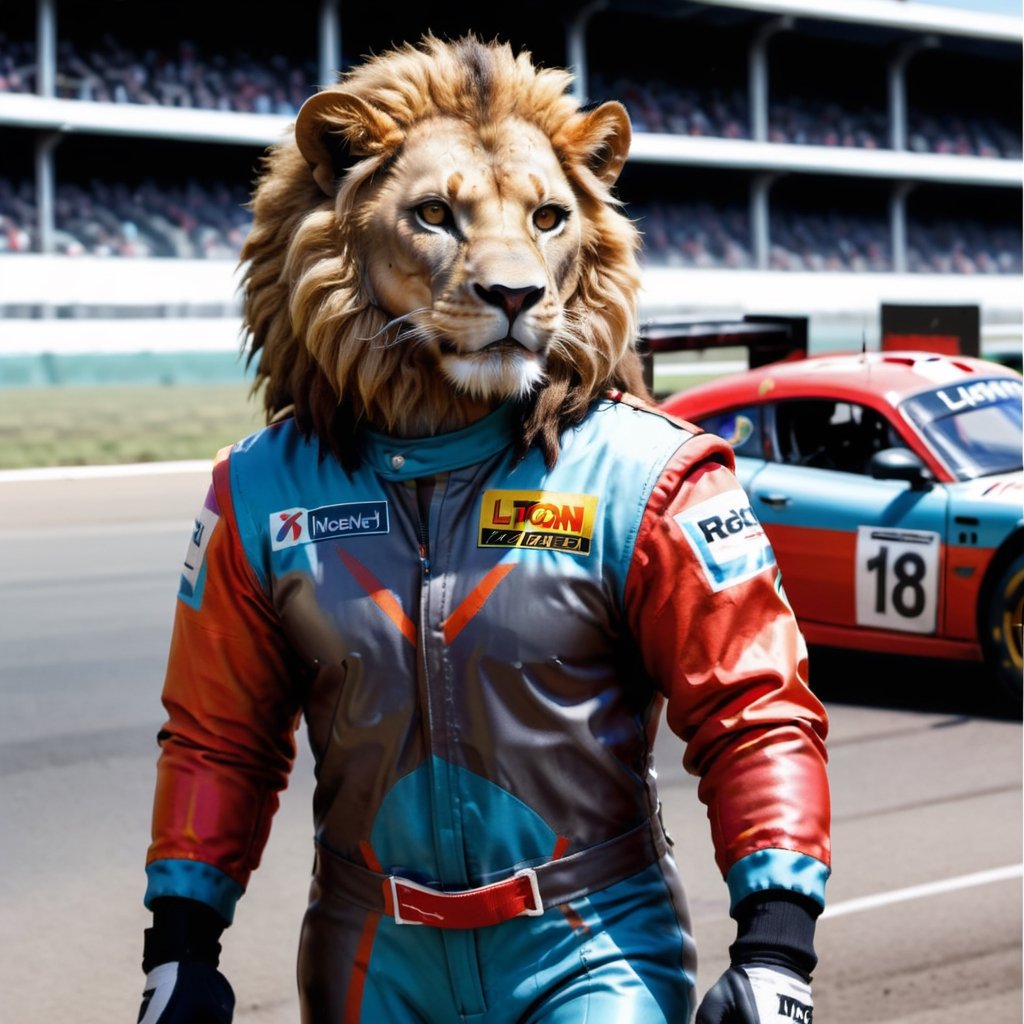 A lion in racing suit