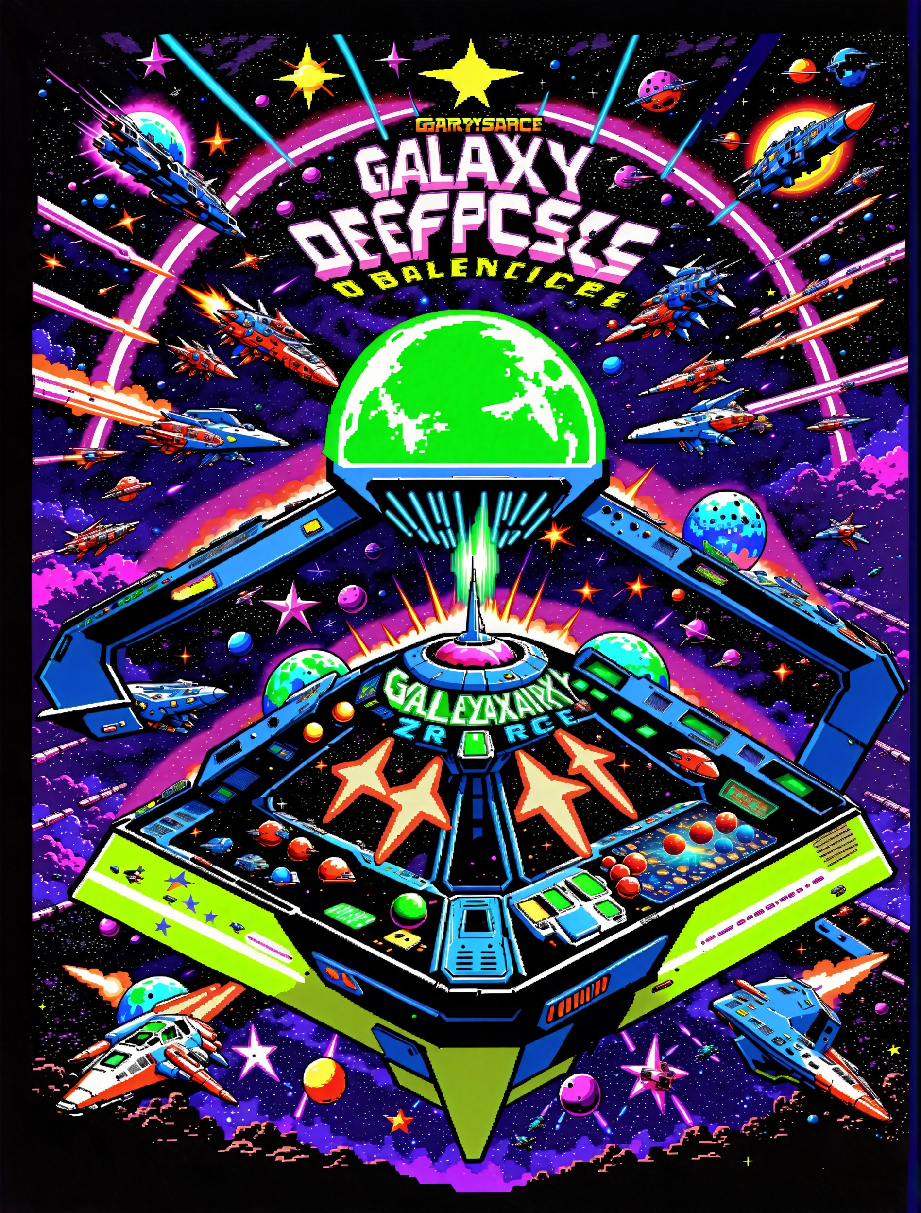 Here's a prompt for creating an epic retro-style video game cover art:

A vintage arcade machine, its neon-lit buttons glowing like stars, dominates the foreground. Space ships in various states of destruction - some exploding into fiery balls, others crippled with damage - whizz past, leaving trails of laser fire across the star-studded, planet-filled background. The title 'Galaxy Defence' bursts forth in bold, retro-style font, while neon-green and blue hues infuse the artwork with a sense of high-energy excitement. Retro wave-inspired, this masterpiece of retrowave art screams 80s nostalgia for classic space ship fighter games.,spcrft