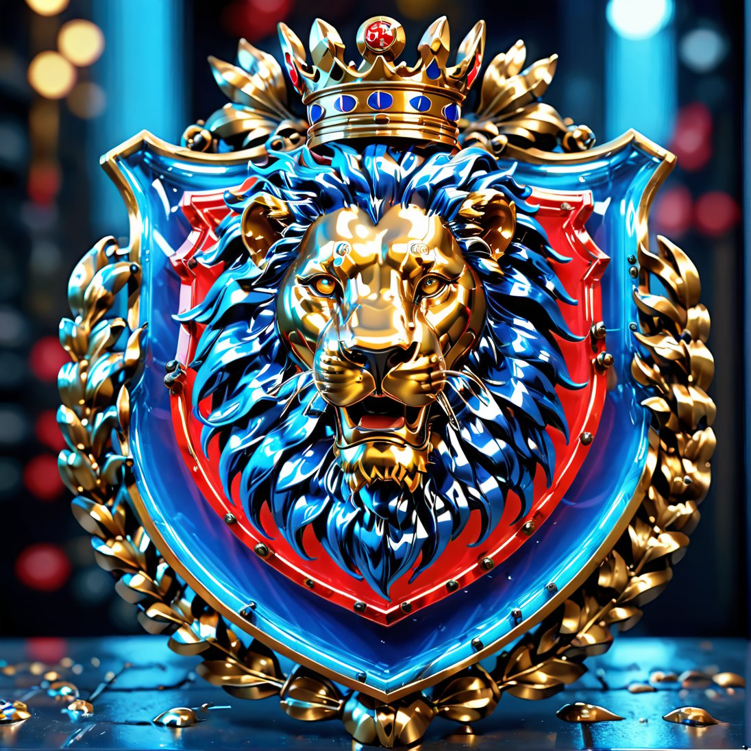 high detail, high quality, 8K Ultra HD, high quality, 8K Ultra HD, ln Family crest style, A neon mad golden lion on a shield in neon red and blue, glass shiny style