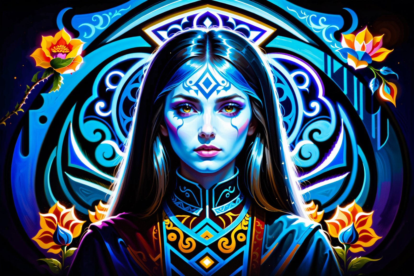 The Morlocks, volumetric lighting, Best quality breathtaking, background, geometric patterns, vibrant colors, intricate details, painting, pavel, sokov, style, masterpiece, best quality, 1girl, flowers, flat color, lineart, abstract, ornate, blue theme