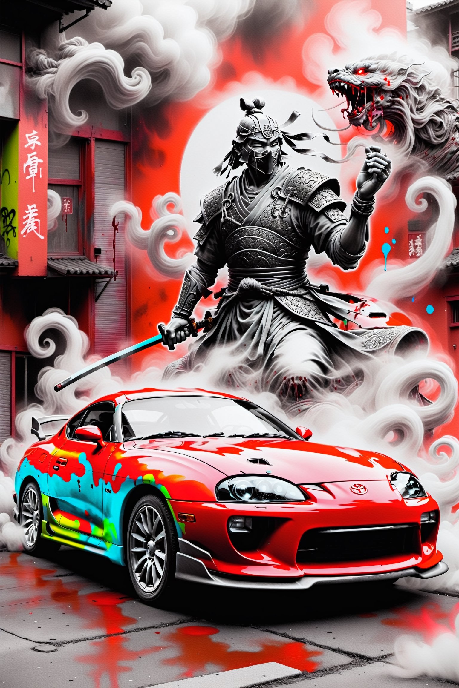 neon street art Toyota Supra car with smoke and the ghost of a samurai warrior with a blood red background, neon vivid colors,SelectiveColorStyle