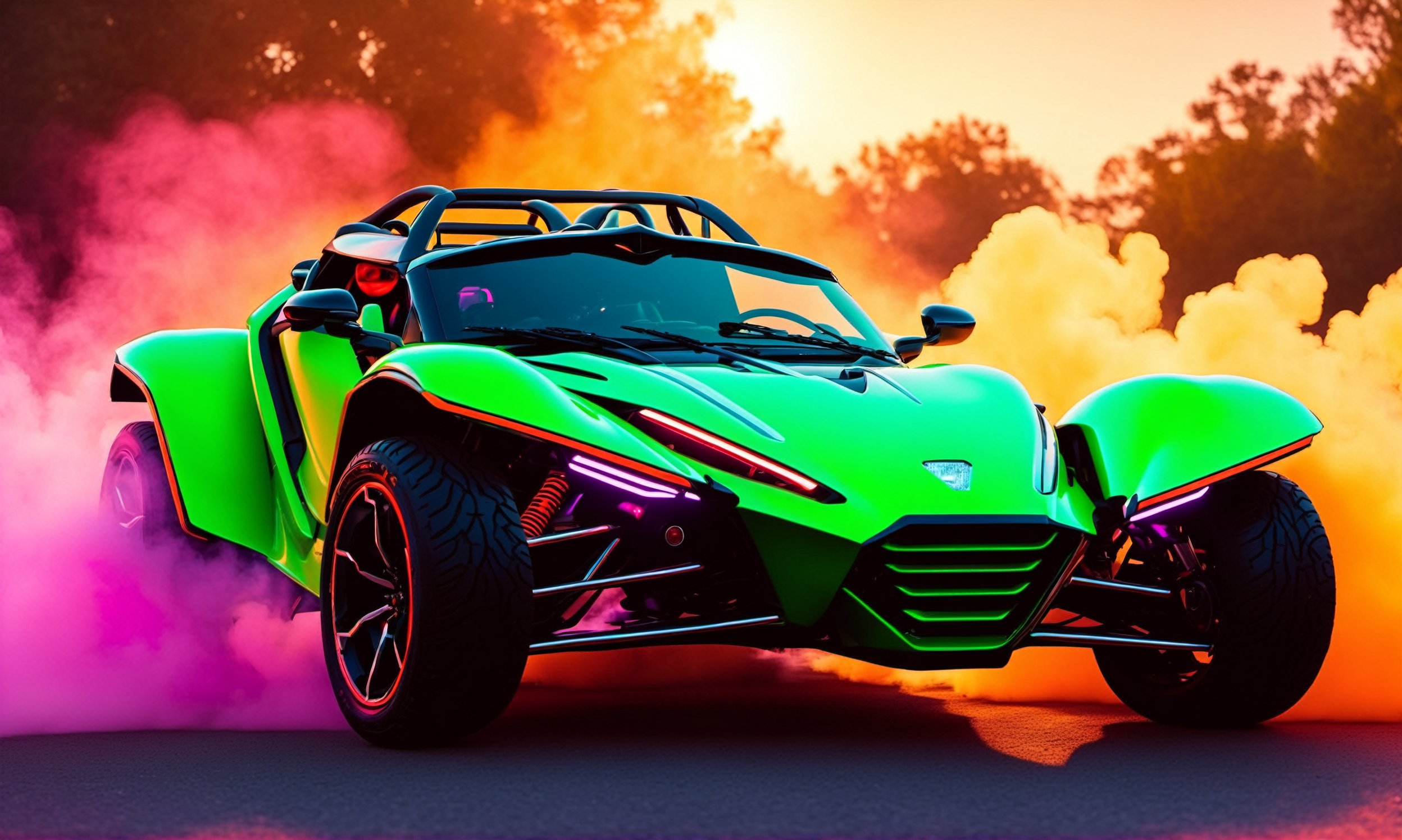 front  view, ultra relistic,  of a green ariel nomad  with headlights on, a light bar on the roof shining bright beams of white light ,  background of colorful smoke , ✏️🎨, 8k stunning artwork, vapor wave, neon smoke, hyper colorful, stunning art style, car with holographic paint, amazing wallpaper, futuristic art style, 8 k highly detailed ❤🔥 🔥 💀 🤖 🚀4k phone wallpaper, inspired by Mike Winkelmann, ,H effect