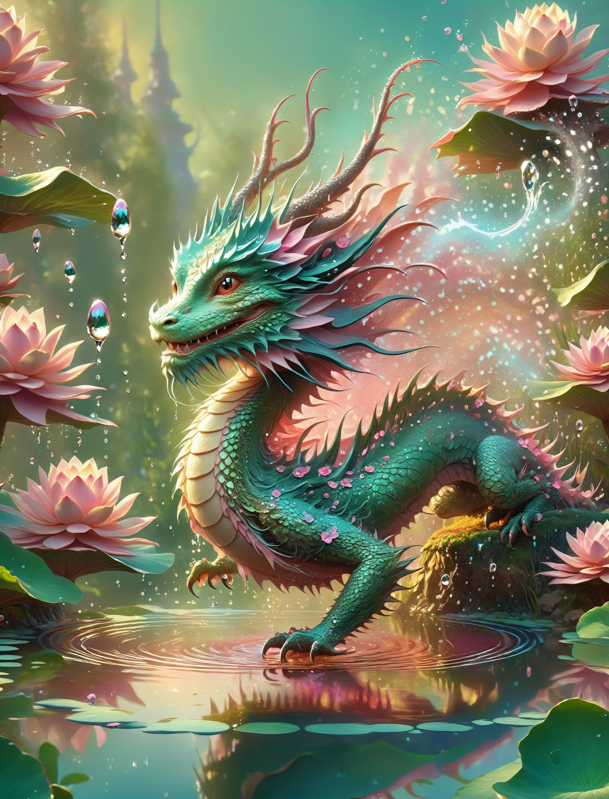 ("cute adorable water-dragon dissolving into water droplets and glitter in a magical pond, water dripping"), lotus flowers pond, light particles, cute style, surreal fairytale concept art, by loish van baarle, cyril rolando, ross tran, Alberto Seveso, Dan Mumford, Carne Griffiths, chris rallis and magali villeneuve, cute creature by mark ryden and bobby chiu, Meaningful Visual Art, Detailed Strange Painting, Digital Illustration, Unreal Engine 5, 32k maximalist, hyperdetailed fantasy art, 3d digital art, sharp focus, masterpiece, fine artm DragonConfetti2024_XL,ice and water,art_booster,real_booster