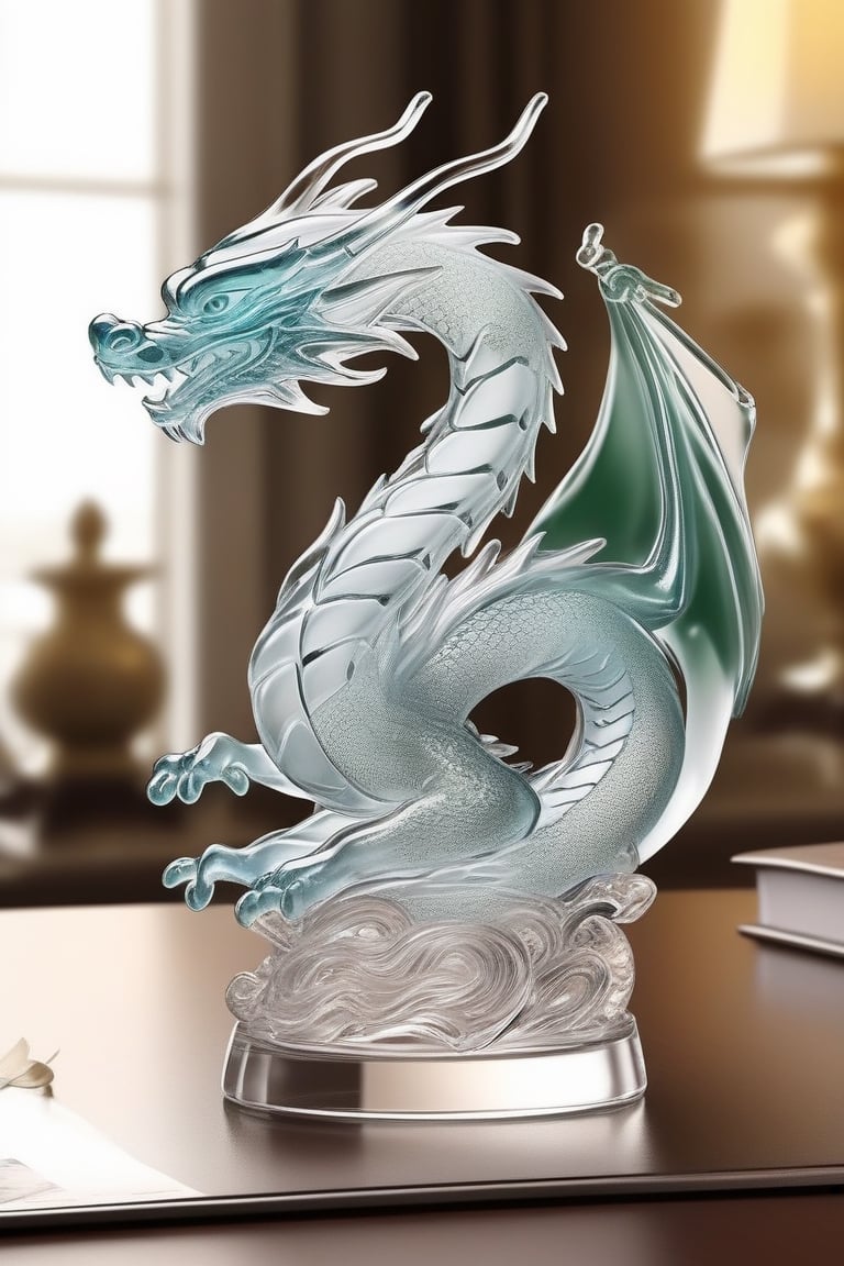Generate an image of a sophisticated glass art rendition featuring dragon. The intricately crafted figurine stands elegantly on a desk, capturing the essence of high-end craftsmanship.Clear Glass Skin,dragon-themed,dragonyear ,comic style