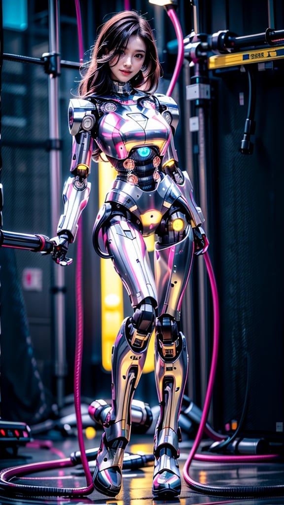 1girl, beautiful face, pale skin, black_hair, medium hair, smiling face, holding a plug with cable, robotic body, full body, sitting, wires, robotic legs, robotics arms, robotic body, robotic hands, futiristic, robotic, mechanical, armored, standing, expressionless face, damaged robotic body, black_robotic_body, alone, (plug and wires), straight leg, busty breast, mecha, bodycon