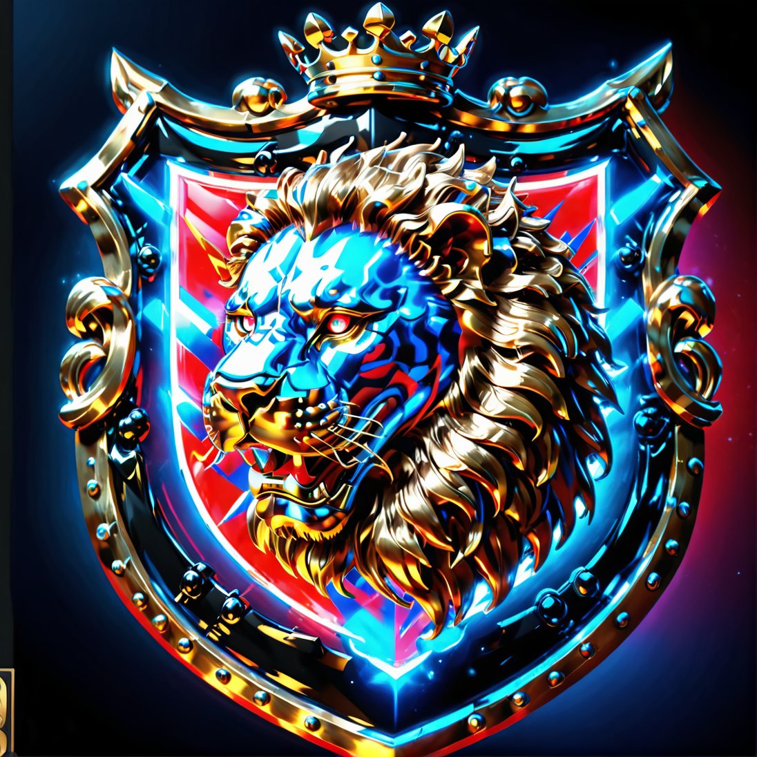high detail, high quality, 8K Ultra HD, high quality, 8K Ultra HD, ln Family crest style, A neon mad golden lion face on a shield in neon red and blue, background Black, glass shiny style