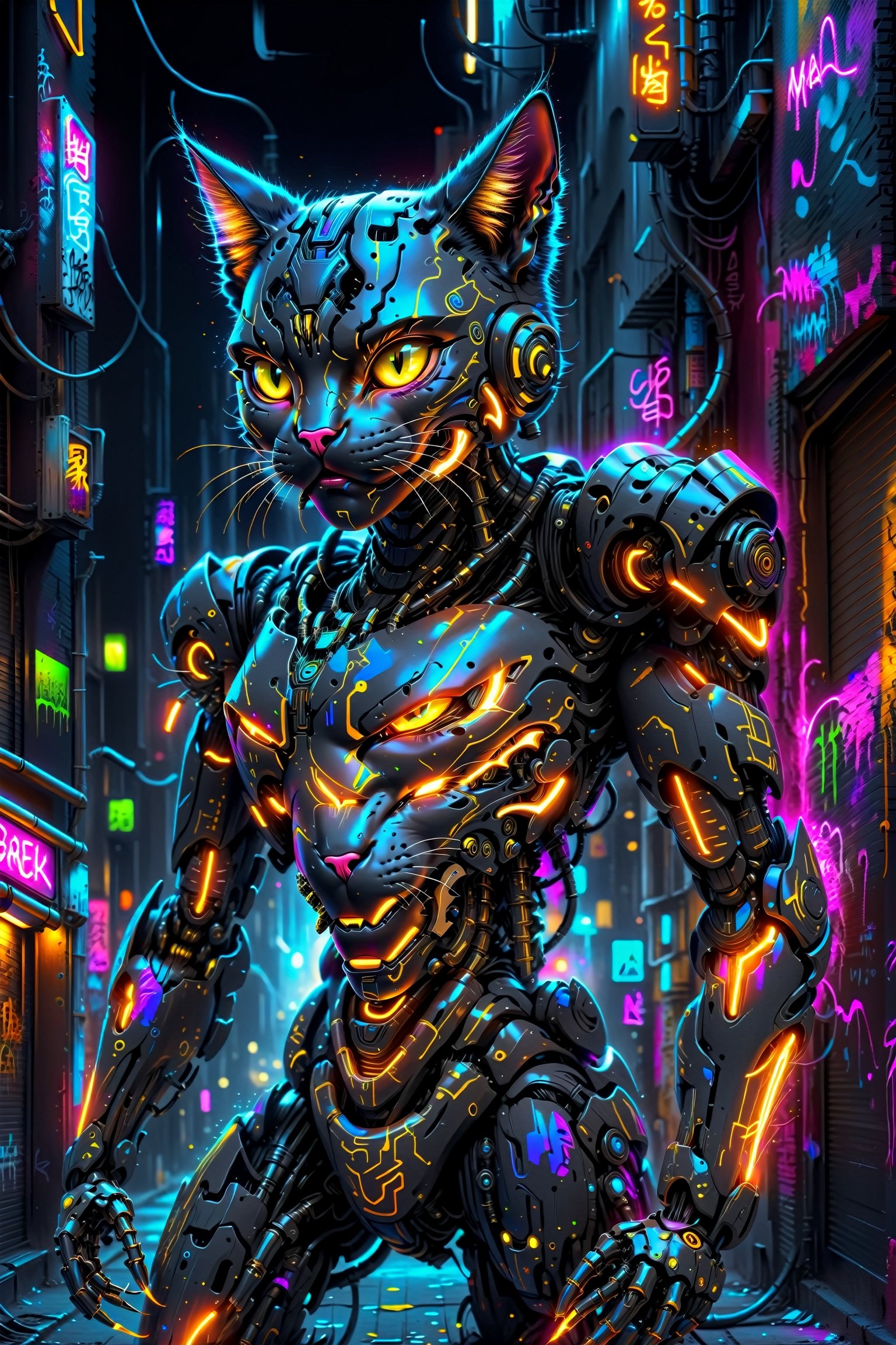  graffiti neon street art A sleek, futuristic mecha human black Mad Cat, with glowing cybernetic enhancements prowls through a golden neon-lit cityscape  neon vivid colors, SelectiveColorStyle,DonM3l3m3nt4lXL,hdsrmr