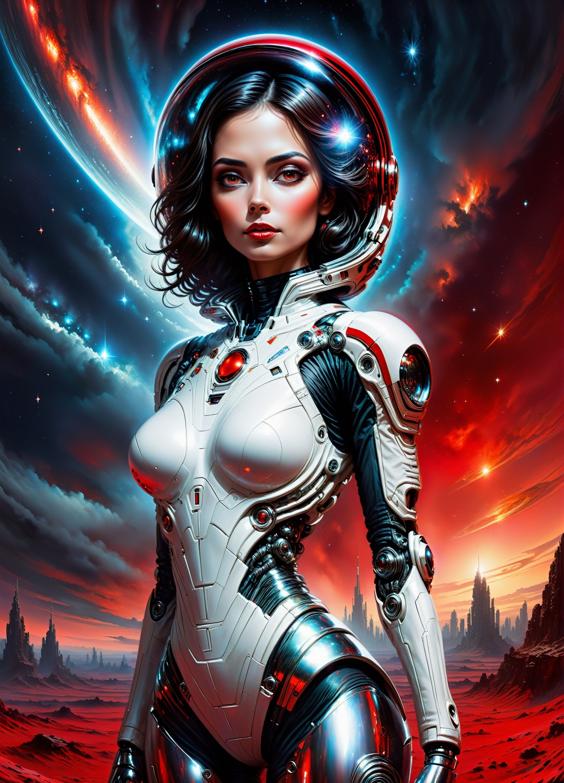 A futuristic femme fatale donning a sleek white jumpsuit, her piercing gaze locked on the horizon, as a red and black spaceship soars into the crimson-hued sky. In front of her, a metallic backdrop glimmers with silver and red hues, while in the distance, a megastructure's towering presence dominates the landscape. The AI astronaut's skeletal visage peers out from beneath her helmet, her cybernetic eyes gleaming like polished chrome. With Frank Frazetta's bold brushstrokes and Sakimichan's intricate details, this portrait of an android beauty shines like a star in the vast expanse.