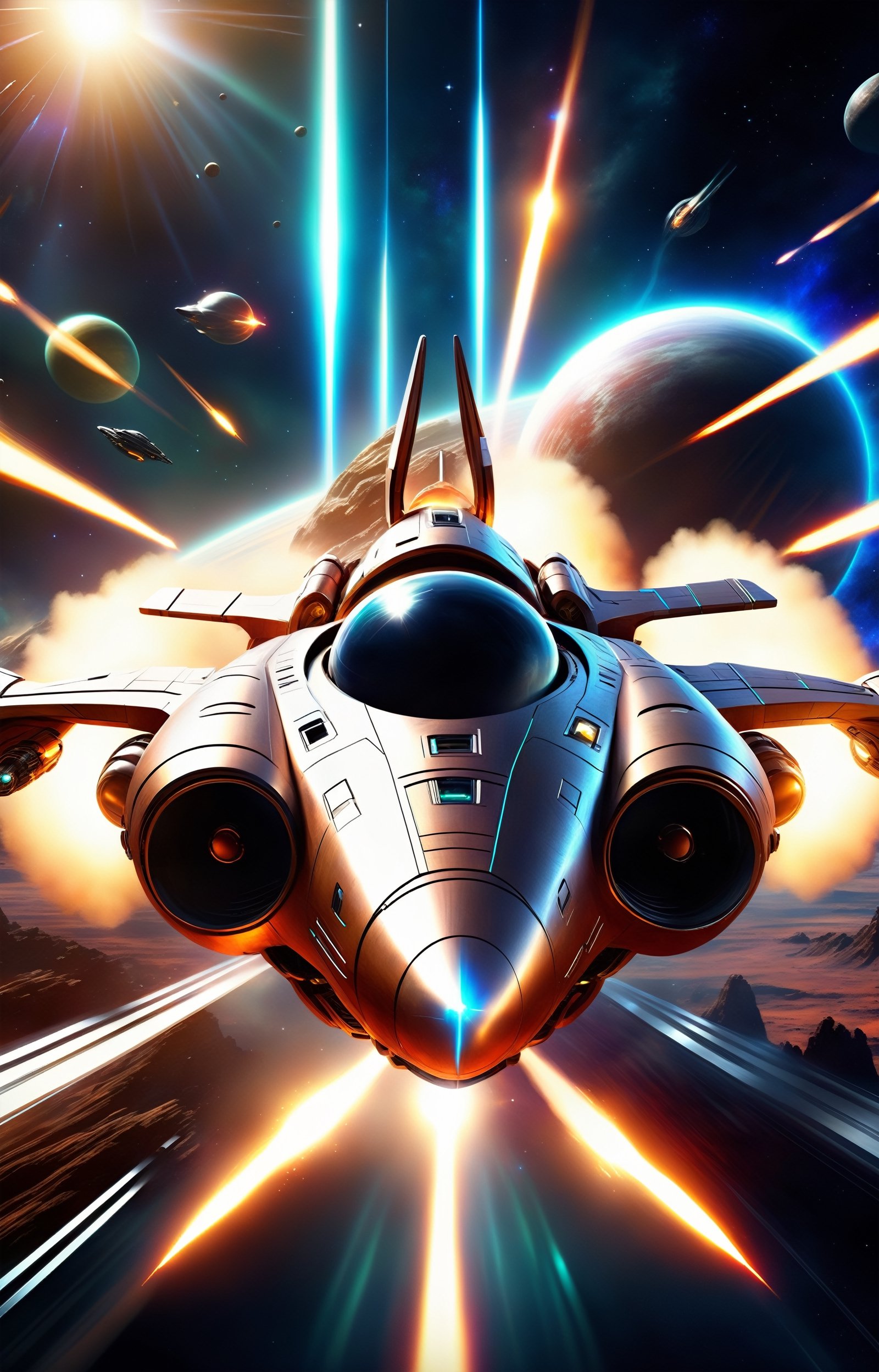 (best quality,4k,8k,highres,masterpiece:1.2),ultra-detailed,realistic, futuristic sky, vibrant colors, sci-fi style, shining engines, fast-paced action, dynamic composition, futuristic spaceship, interstellar travel, deep space, intense energy, starry background, streaks of light, blazing trails, high-tech cockpit, state-of-the-art technology, sleek design, sci-fi atmosphere, motion blur in starship, dynamic motion lines, thrilling adventure, epic journey, exhilarating speed, immersive experience, breathtaking scene, awe-inspiring visuals.