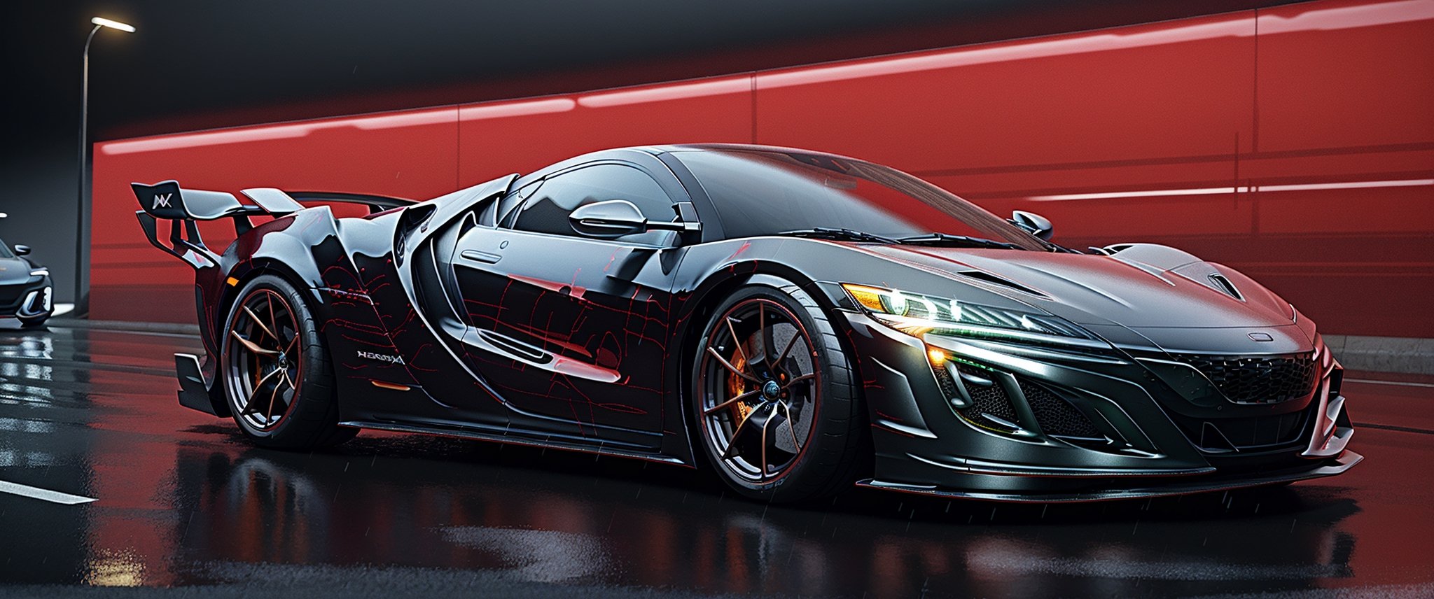 a close up of a car on a wet road with a red background, honda nsx, hyper real render, it has a red and black paint, render of futuristic supercar, with sleek lines and a powerful, ultra render, concept art. 8 k, daniel maidman octane rendering, hyper realistic render, mclaren, artistic render, concept car design,Car