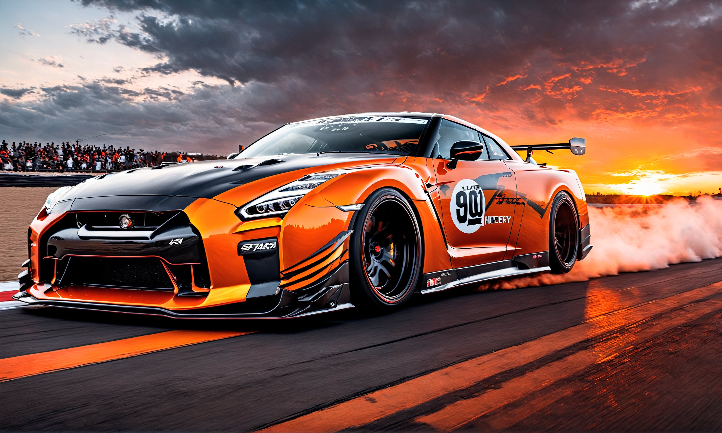 Ultra wide photorealistic medieval gothic image of "2024" lettering, custom design, graffiti, racing serial number, fast lanes,UIltra wide shot, full car 2024 Nissan GT R Nismo orange with black  race strips and wide body kit racing with a Dark sun setting in the background, Glowing road as the car races showing motion with spinning tire blur and motion lines behind it,  - 8k photorealistic masterpiece - by Aaron Horkey and Jeremy Mann - detail. liquid gouache: Jean Baptiste Mongue: calligraphy: acrylic: color watercolor, cinematic lighting, maximalist photo illustration: marton Bobzert: 8k concept art, intricately detailed realism, complex, elegant, sprawling, fantastical and psychedelic, dripping with color,science fiction,H effect