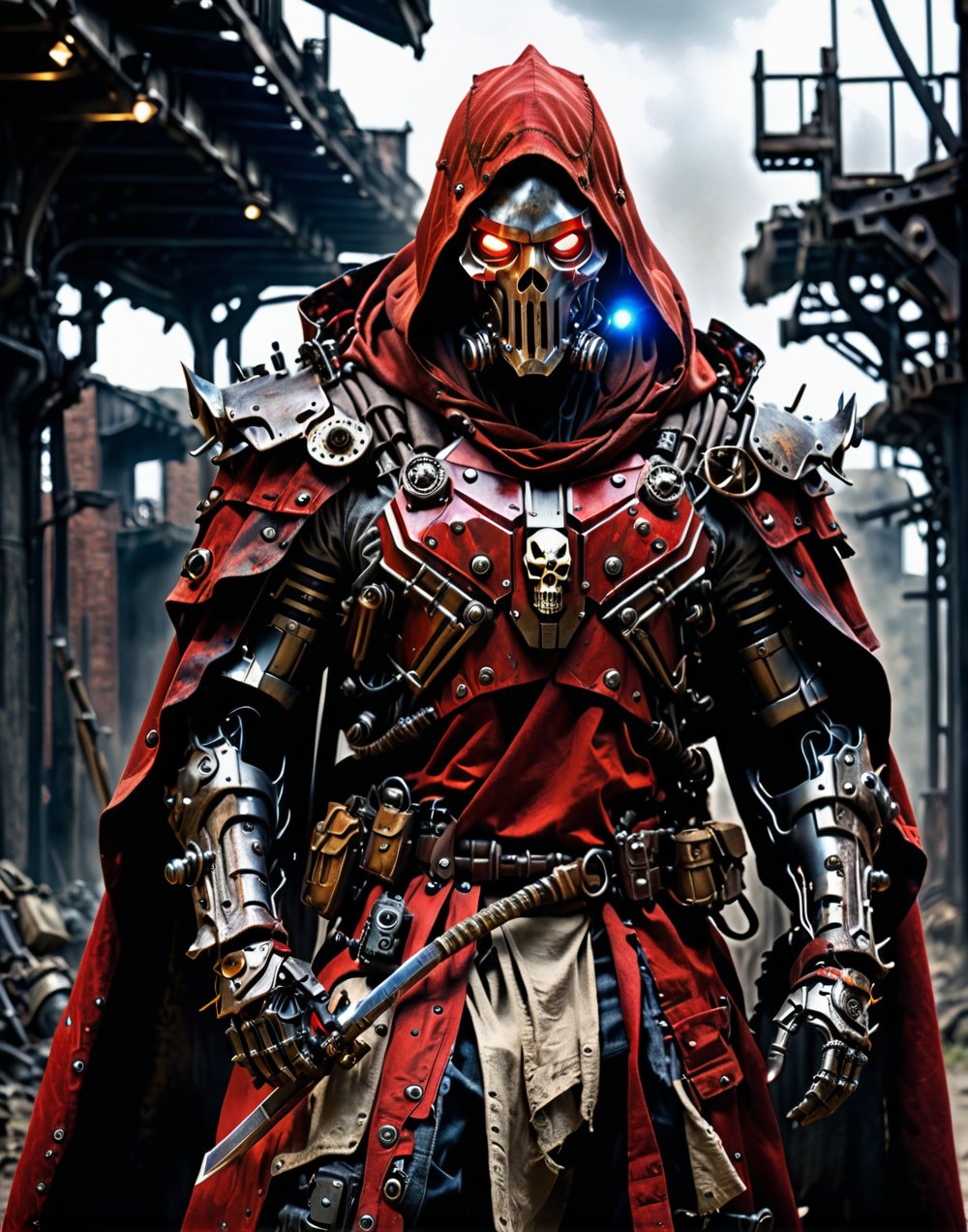 realistic, concept art, 1man, solo, post apocalypse outfit, red cape blowing in the wind, cowboy hat, robot arm, trench coat, mechanical skull mask, glowing chest, glowing eyes, katana strapped to the back  , close-up, glowing light, cinematic lighting, masterpiece, anatomically correct, super detail, best quality, award winning, highres, 4K, 8k, 16k, HD