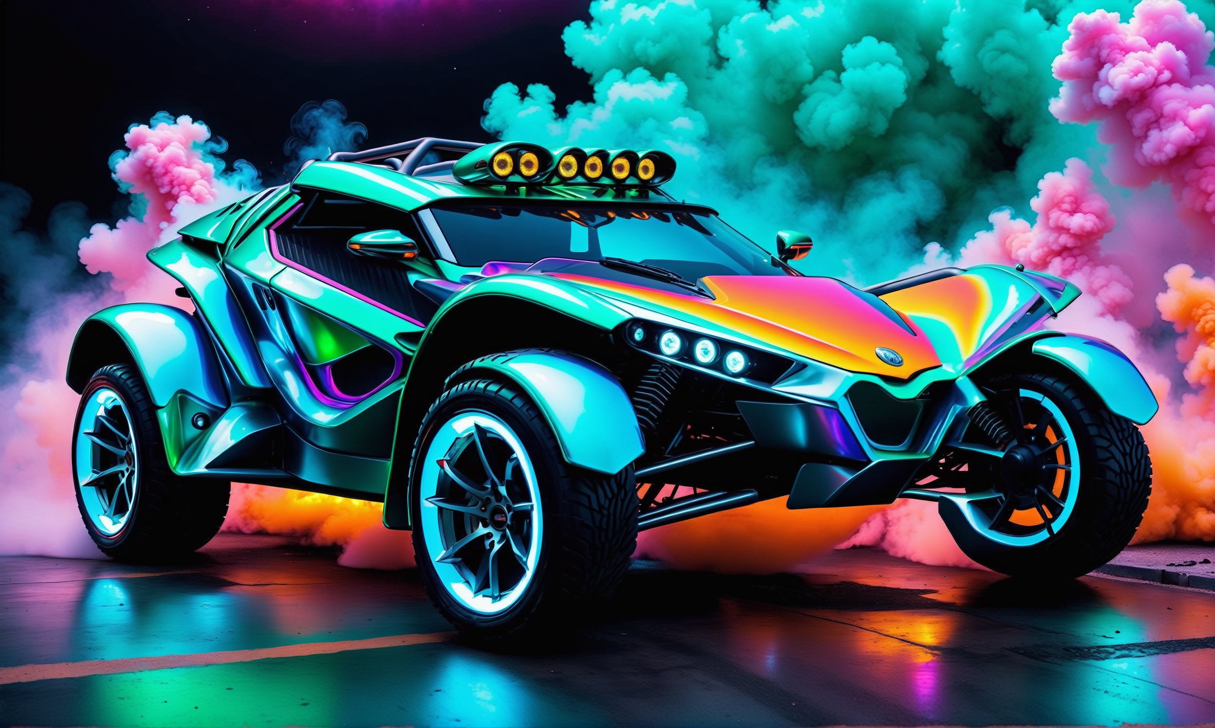 front  view, ultra relistic,  of a green ariel nomad  with headlights on, a light bar on the roof shining bright beams of white light ,  background of colorful smoke , ✏️🎨, 8k stunning artwork, vapor wave, neon smoke, hyper colorful, stunning art style, car with holographic paint, amazing wallpaper, futuristic art style, 8 k highly detailed ❤🔥 🔥 💀 🤖 🚀4k phone wallpaper, inspired by Mike Winkelmann, ,H effect,colorful
