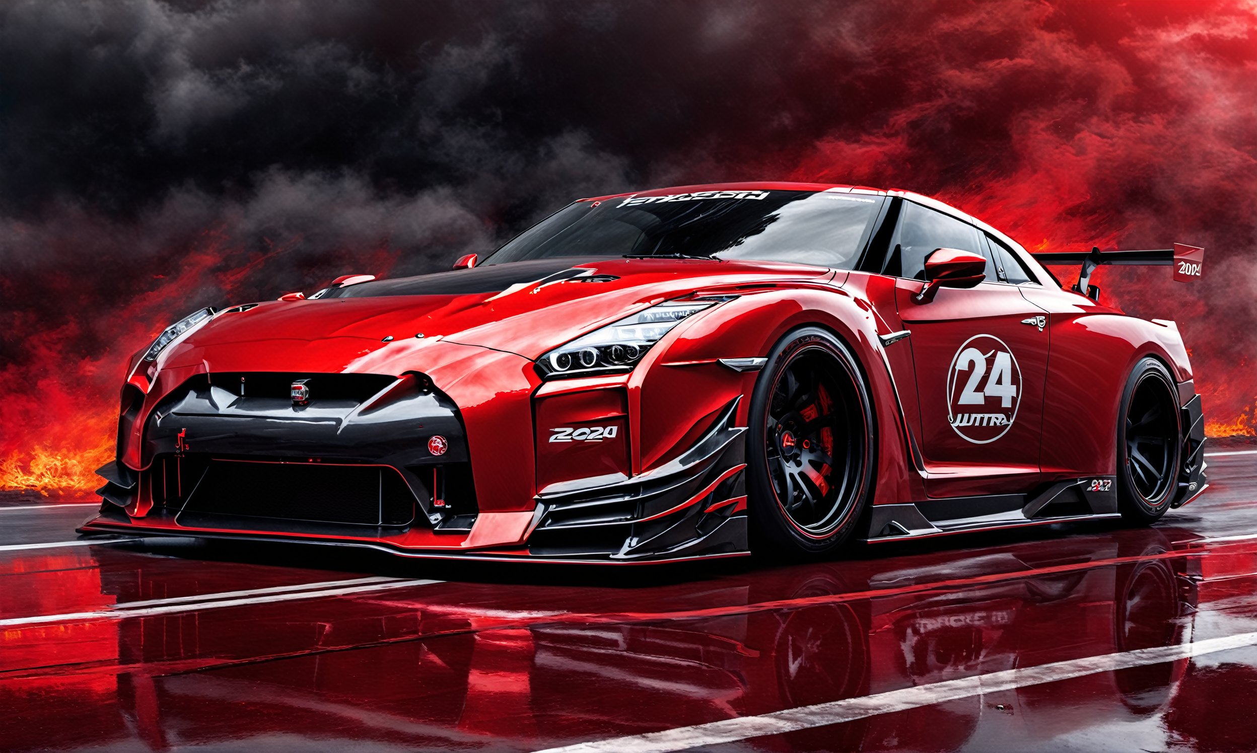 Ultra wide photorealistic medieval gothic image of "2024" lettering, custom design, graffiti, racing serial number, fast lanes,UIltra wide shot, full car 2024 Nissan GT R Nismo red with black race racing livery wiith a wide body kit racing with a Dark sun setting in the background, Glowing road as the car races showing motion with spinning tire blur and motion lines behind it,  - 8k photorealistic masterpiece - by Aaron Horkey and Jeremy Mann - detail. liquid gouache: Jean Baptiste Mongue: calligraphy: acrylic: color watercolor, cinematic lighting, maximalist photo illustration: marton Bobzert: 8k concept art, intricately detailed realism, complex, elegant, sprawling, fantastical and psychedelic, dripping with color,science fiction,H effect