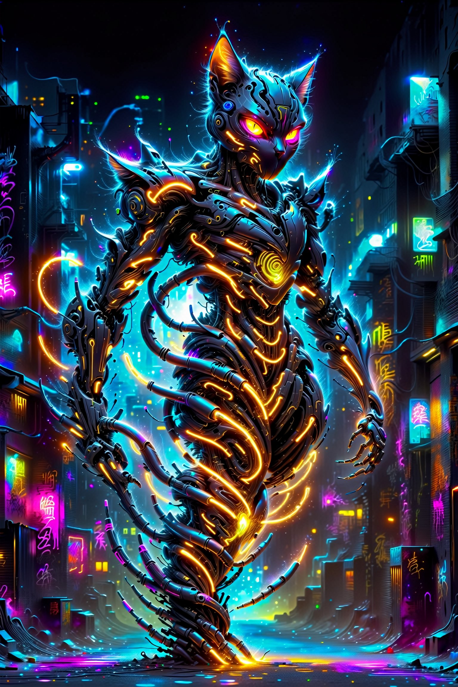  graffiti neon street art A sleek, futuristic mecha human black Mad Cat, with glowing cybernetic enhancements prowls through a golden neon-lit cityscape  neon vivid colors, SelectiveColorStyle,DonM3l3m3nt4lXL,hdsrmr