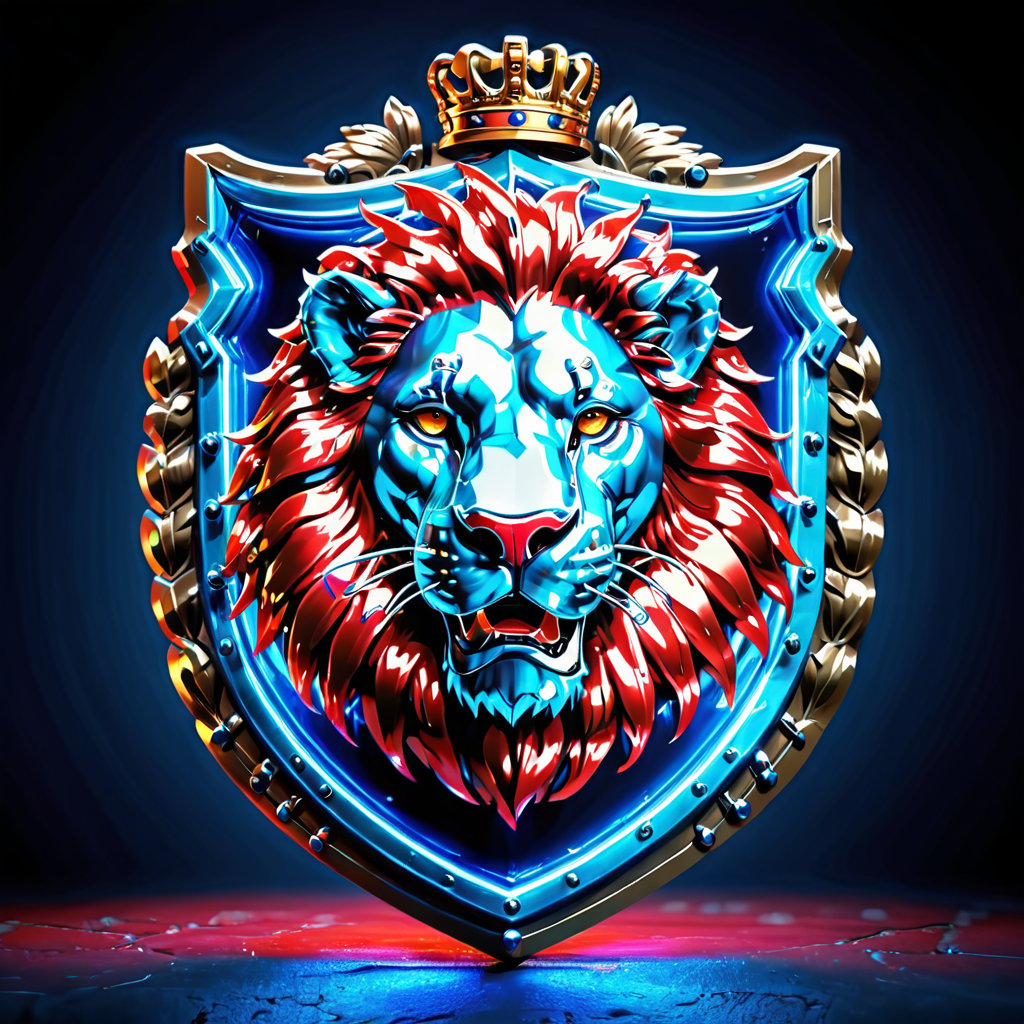 high detail, high quality, 8K Ultra HD, high quality, 8K Ultra HD, ln Family crest style, A neon mad lion on the shield in neon colors red and blue, glass shiny style