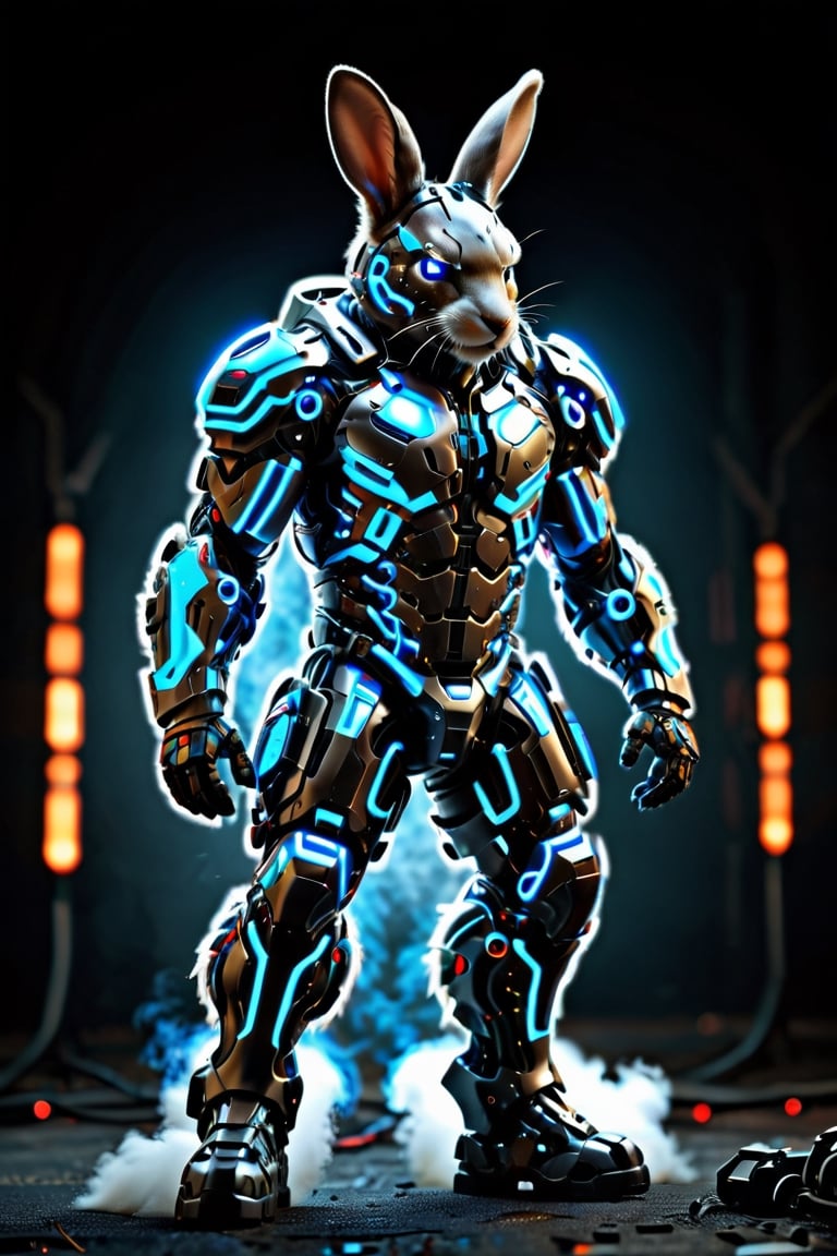 "Imagine a rabbit clad in a formidable combat exoskeleton suit, exuding an aura of strength and power. Despite its fluffy exterior, the suit adds a sense of bulk and weight to its form, emphasizing its formidable presence. With glowing visors and reinforced armor plating, the rabbit exudes an air of readiness for battle, ready to face any challenge with determination and resolve.",Animal Verse Ultrarealistic ,circuitboard