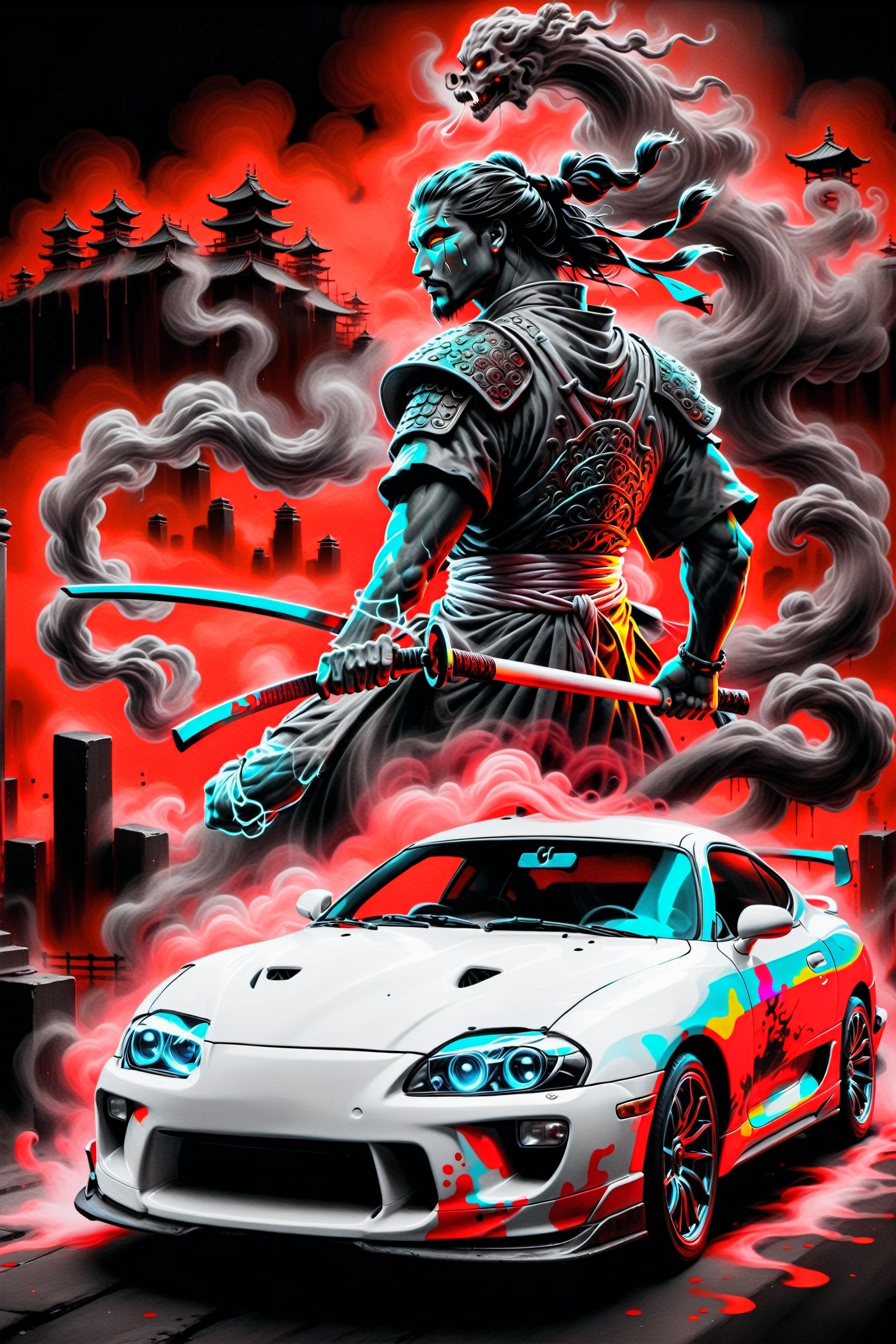 neon street art Toyota Supra car with smoke and the ghost of a samurai warrior with a blood red background, neon vivid colors,SelectiveColorStyle