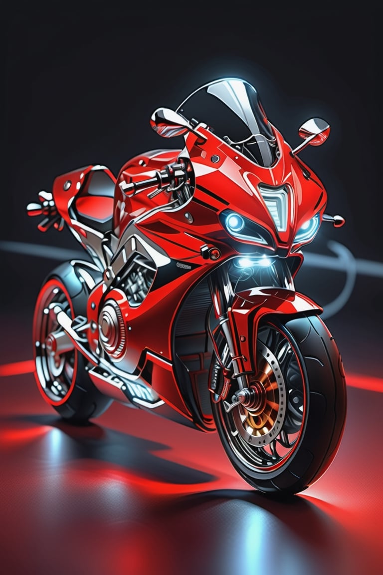 Masterpiece, ultra-definition, super detailed, perfect drawing, 1  transparent SPORT race motocycle with headlight on white lights , Colored red, silver and black carbonfiber, Industrial design, clean, Luminous neon lit,  red background, Surrealism, UHD, high details, best quality, 2K